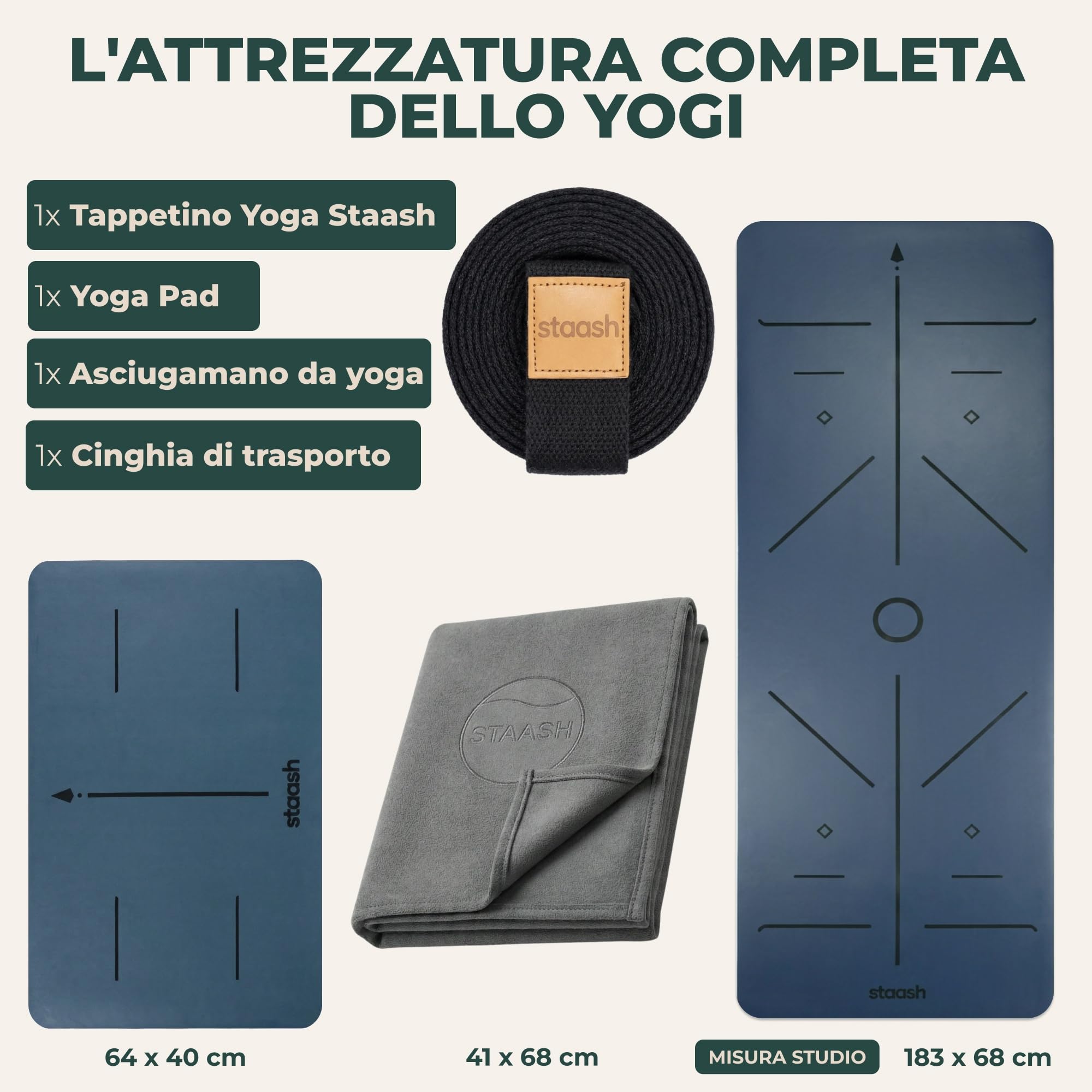 STAASH Premium Yoga Set – Tappetino da yoga in PU & gomma naturale + asciugamano in microfibra + cinturino da yoga + pad per mano – Ultra Grip, ecologico e qualità da studio per yoga esigenti