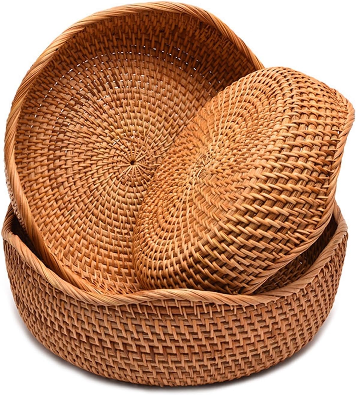 Fruit Bowl Handmade Rattan Round Kitchen Organizer Snack Serving Basket, Wicker Bread Bowl Woven Basket Décor for Nuts with 3”Side and Wavy Edge