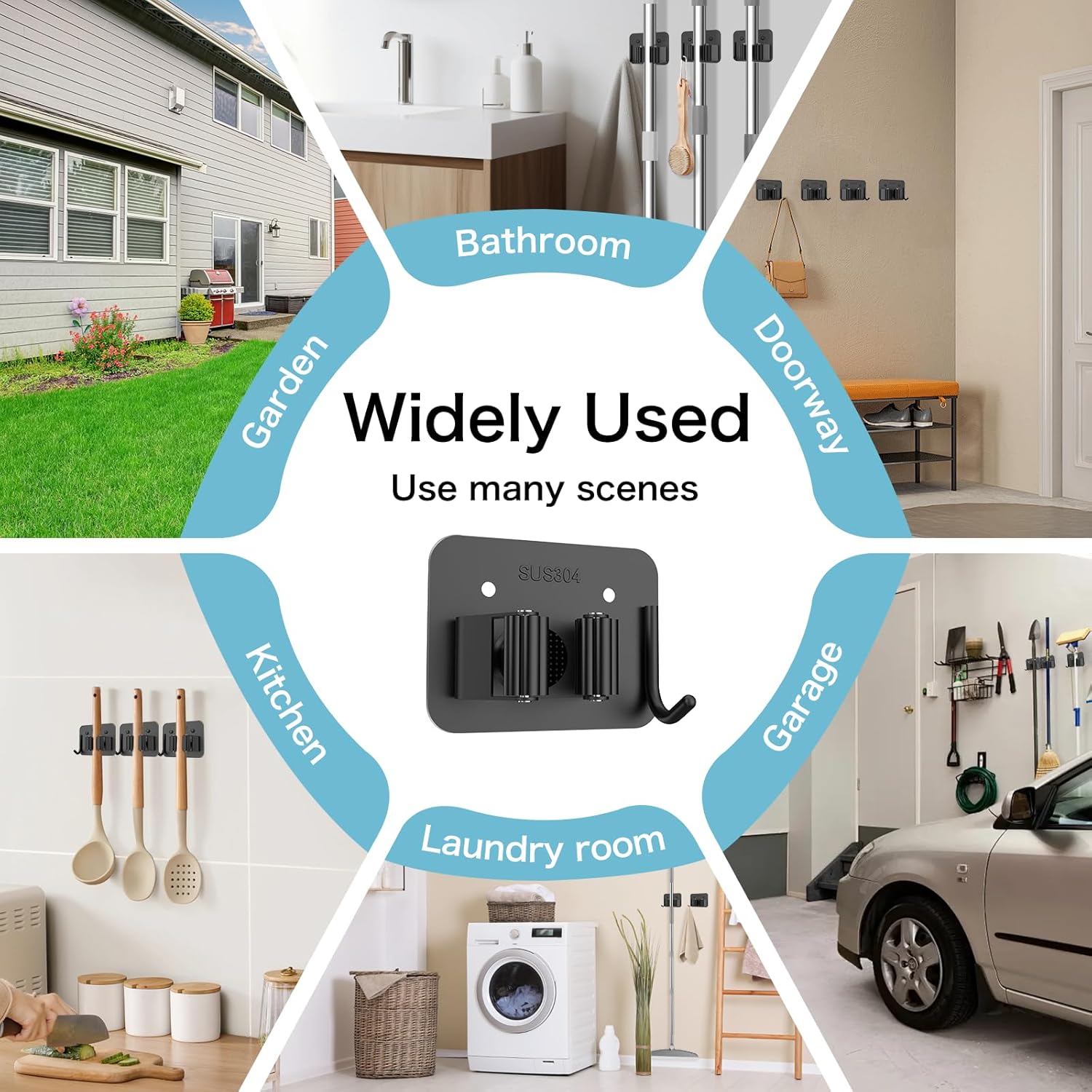 nacena Broom Holder Wall Mount, 4 Packs Black Stainless Steel Mop and Broom Hanger with Hooks Heavy Duty Broom and Mop Organizer Wall Hanging for Bathroom - Image 5