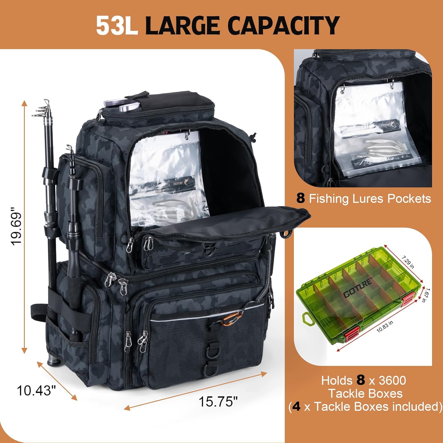Goture Fishing Backpack with 4 Tackle Boxes, 53L 600D Water-Resistant Tackle Backpack with Cooler,Rod Holders, 8 Lure Pockets, Rain Cover, Large Fishing Bag Storage Gear Tackle Bag for Camping Hiking