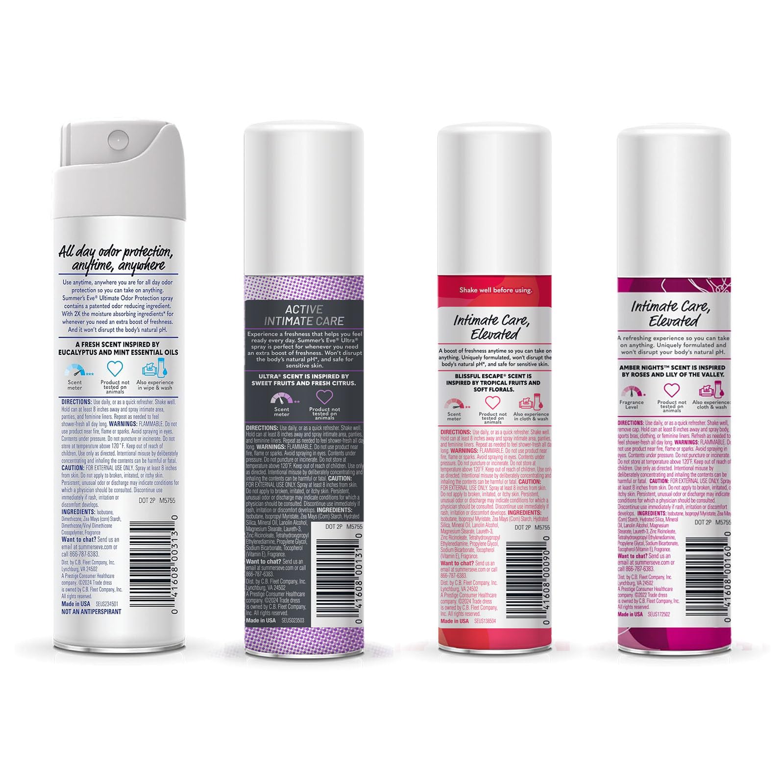 Summer's Eve Ultimate Odor Control Daily Feminine Spray, Odor-Reducing and Moisture-Absorbing Formula, Ultimate Odor Protection, Ultra, Blissful Escape, & Amber Nights; 2 Oz, Pack of 4