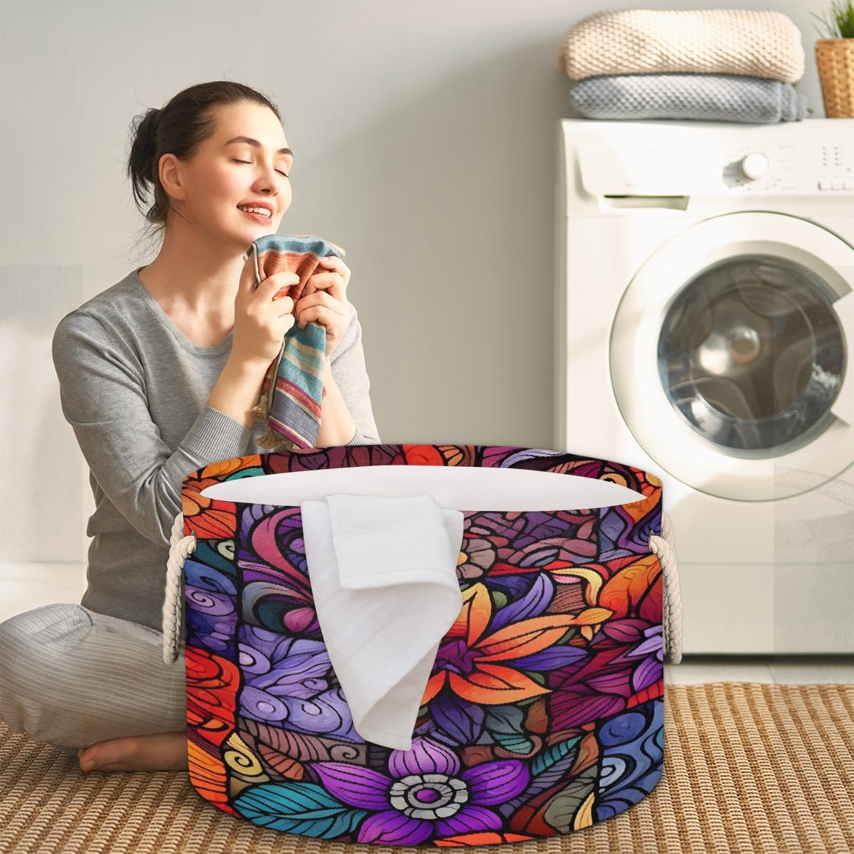 Stained Glass Style Flower Pattern Round Storage Basket for Laundry & Toys, Lightweight Fabric Laundry Hamper with Handles, Foldable Large Organizer Bin for Bedroom Bathroom Nursery Dorm