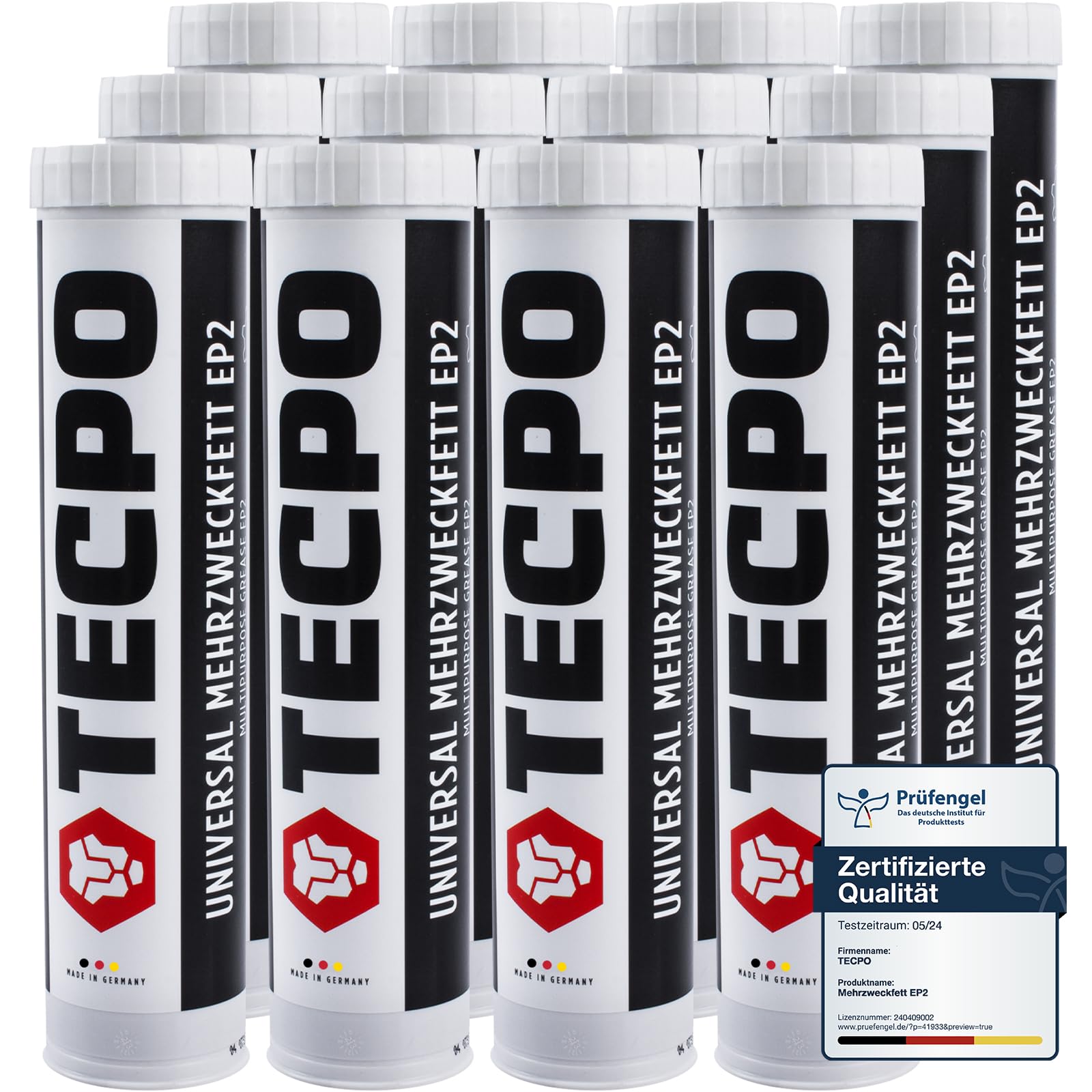 TECPO Grasso universale multiuso EP2 400 g, cartuccia di grasso lubrificante al litio, grasso universale, lubrificazione per auto, resistente all'acqua, grasso al litio KP2K-30 (12 x 400 g)