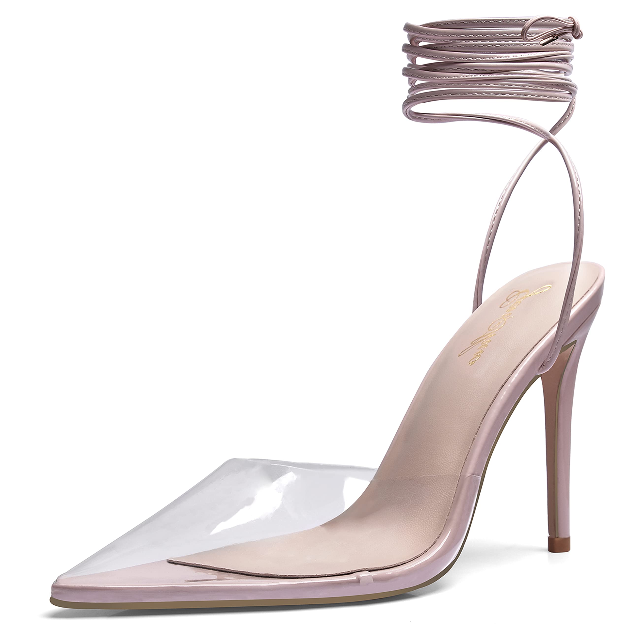 GENSHUO Womens Stiletto High Heeled Sandals,Strappy Lace up Heels Metallic Pointy Open toe Tie up Heels Shoes - 9 Nude Clear Heels