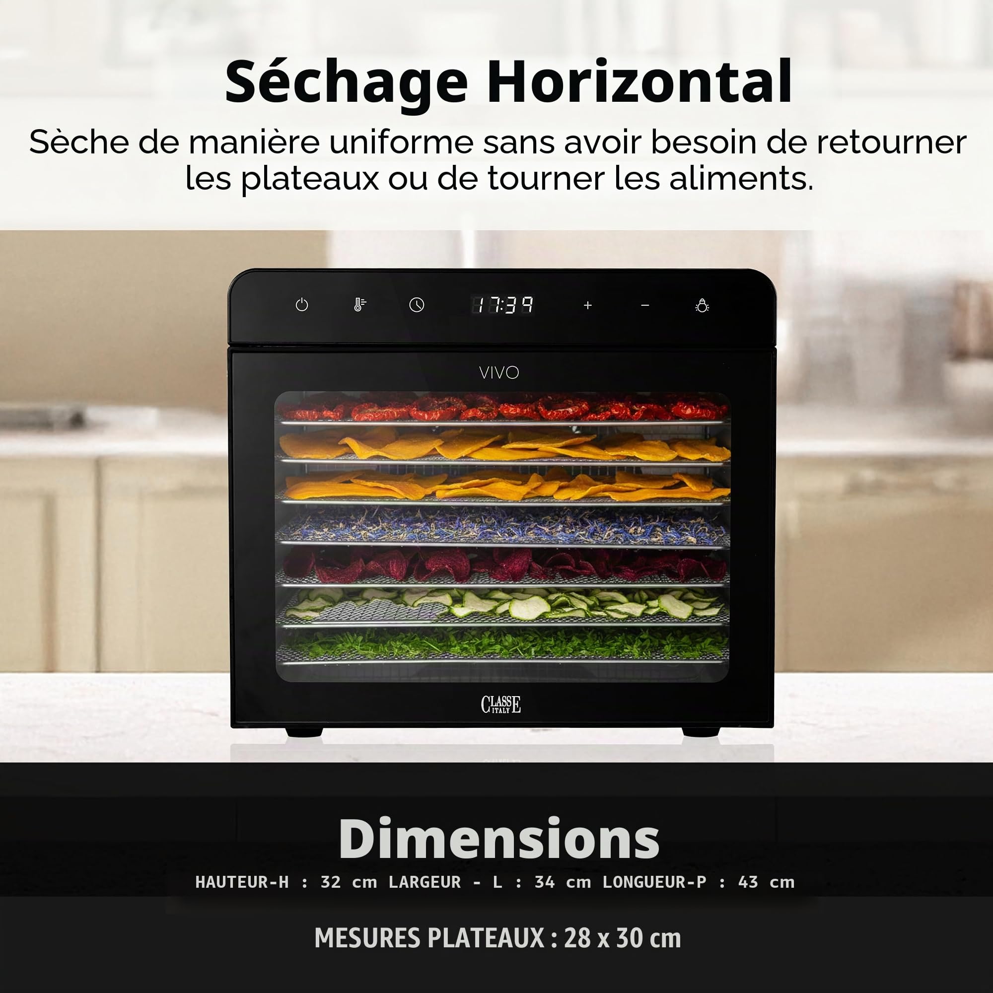 CLASSE ITALY Déshydrateur alimentaire à faible consommation, 8 plateaux en acier SUS 304, 700 W, GARANTIE 5 ANS, température réglable de 35 à 85 °C, minuterie 24 heures, sans BPA