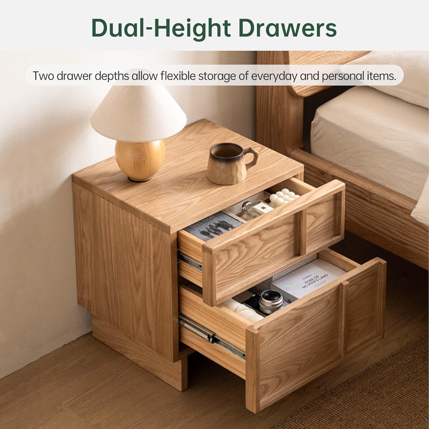 YESWOOD Solid Wood Nightstand, Natural Wood Nightstand with Drawers, Mid Century Modern Nightstands, Wood Bedside Table for Small Space, Boho Night Stand, Fluted Night Stands for Bedroom,18.90" H