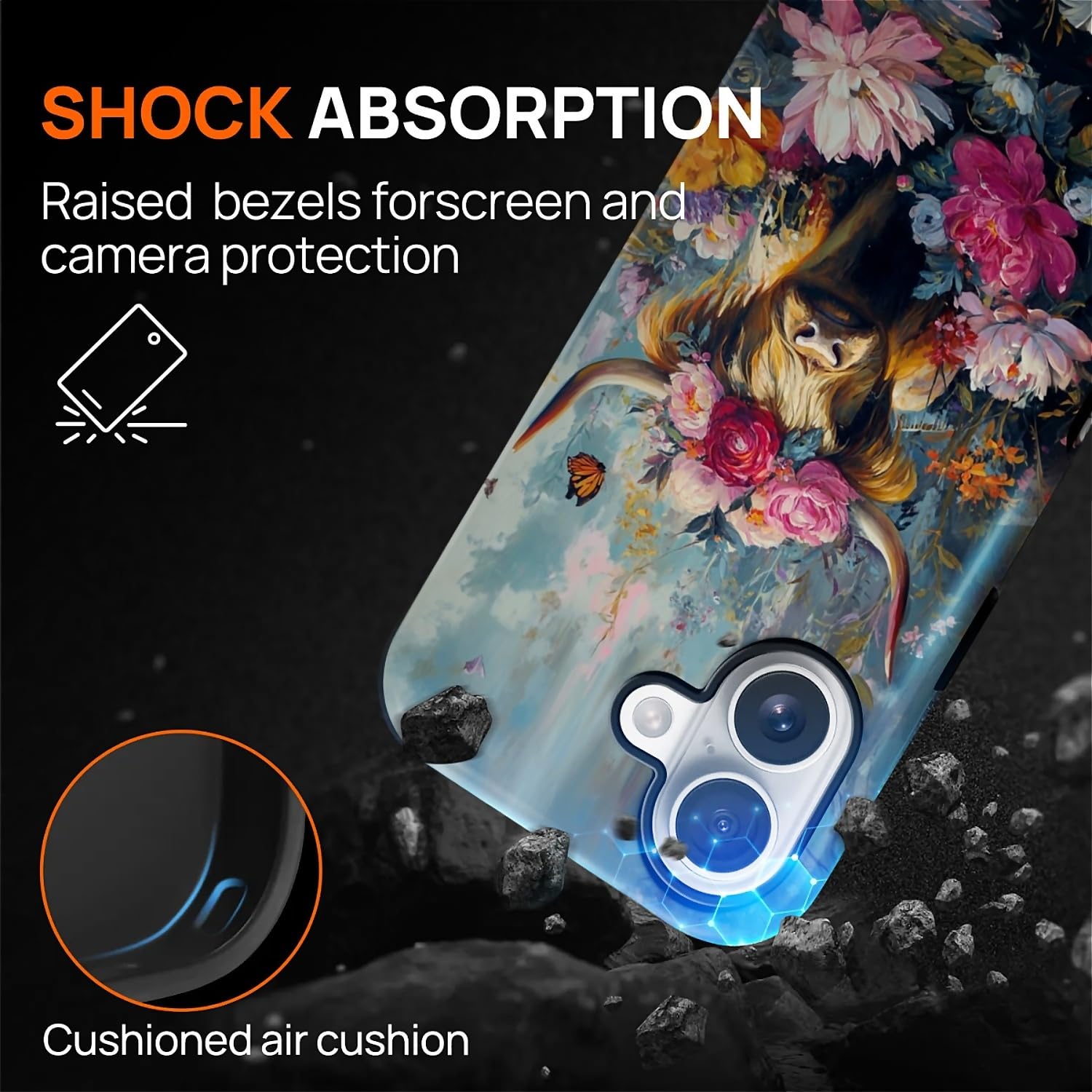 CARLOCA Custodia protettiva lucida per iPhone 17 compatibile con Magsafe Full Body per ragazza ragazzo antiurto ricarica magnetica motivo arte rococò colorata mucca delle Highland fiori farfalla