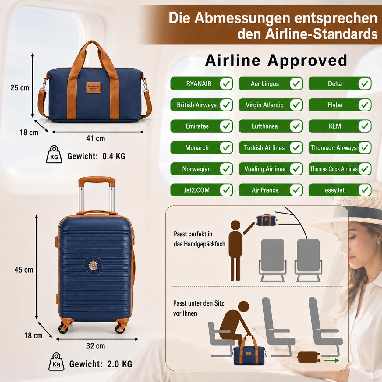 Travelhouse Bari - Set di 6 bagagli, 4 valigie con ruote, borsa da viaggio e kit WC, custodia rigida, navy / blu, Länge: 77 cm, Breite: 28.5 cm, Höhe: 51 cm, Set di valigie