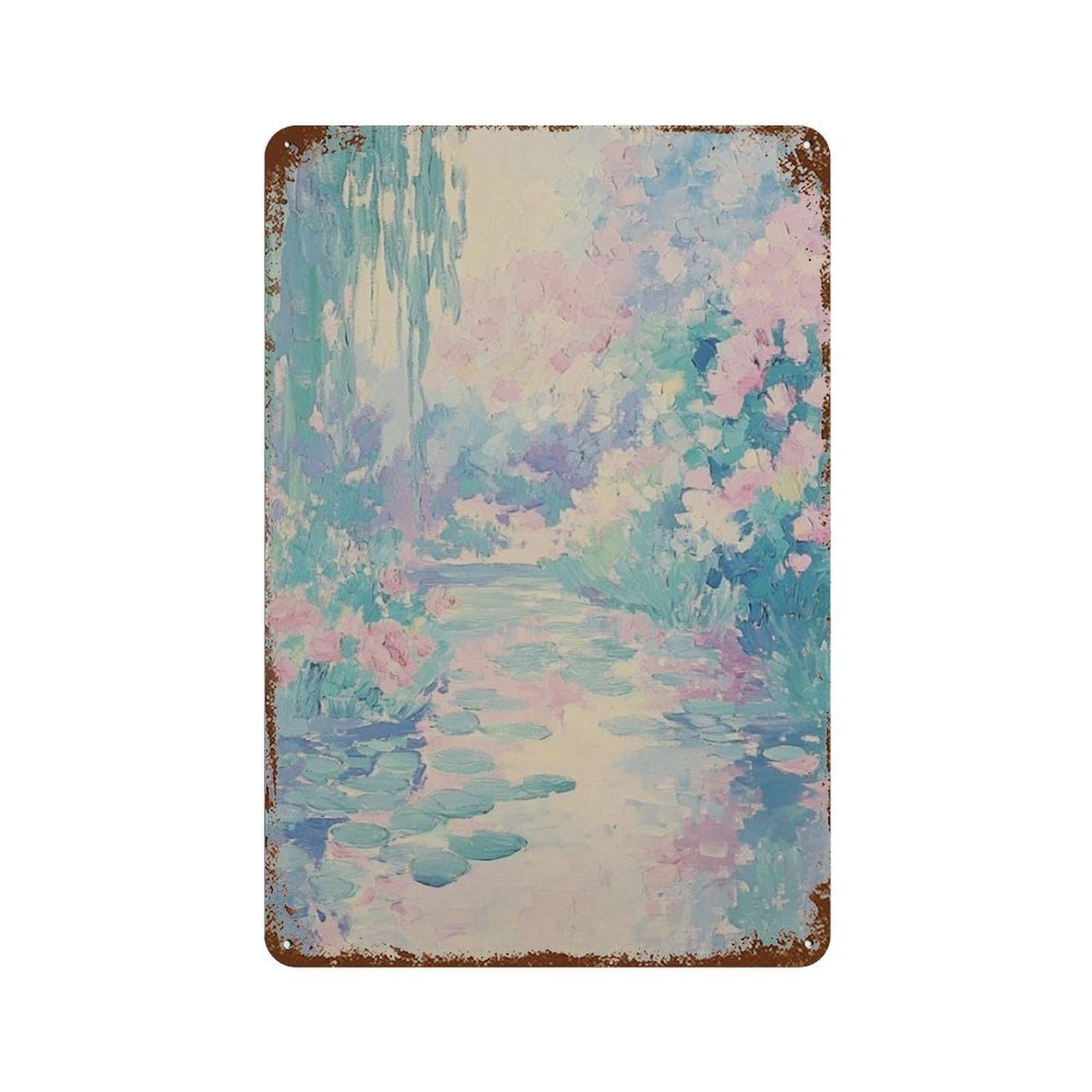 xiaoxiaoshen Pastel Landscape Impressionist Garden Soft Botanical Scenery Dreamy Nature Work Wall Decor Art Metal Tin Poster Modern Home Decor Art Home Bar Shop Decorations Vintage Sign 30x20cm