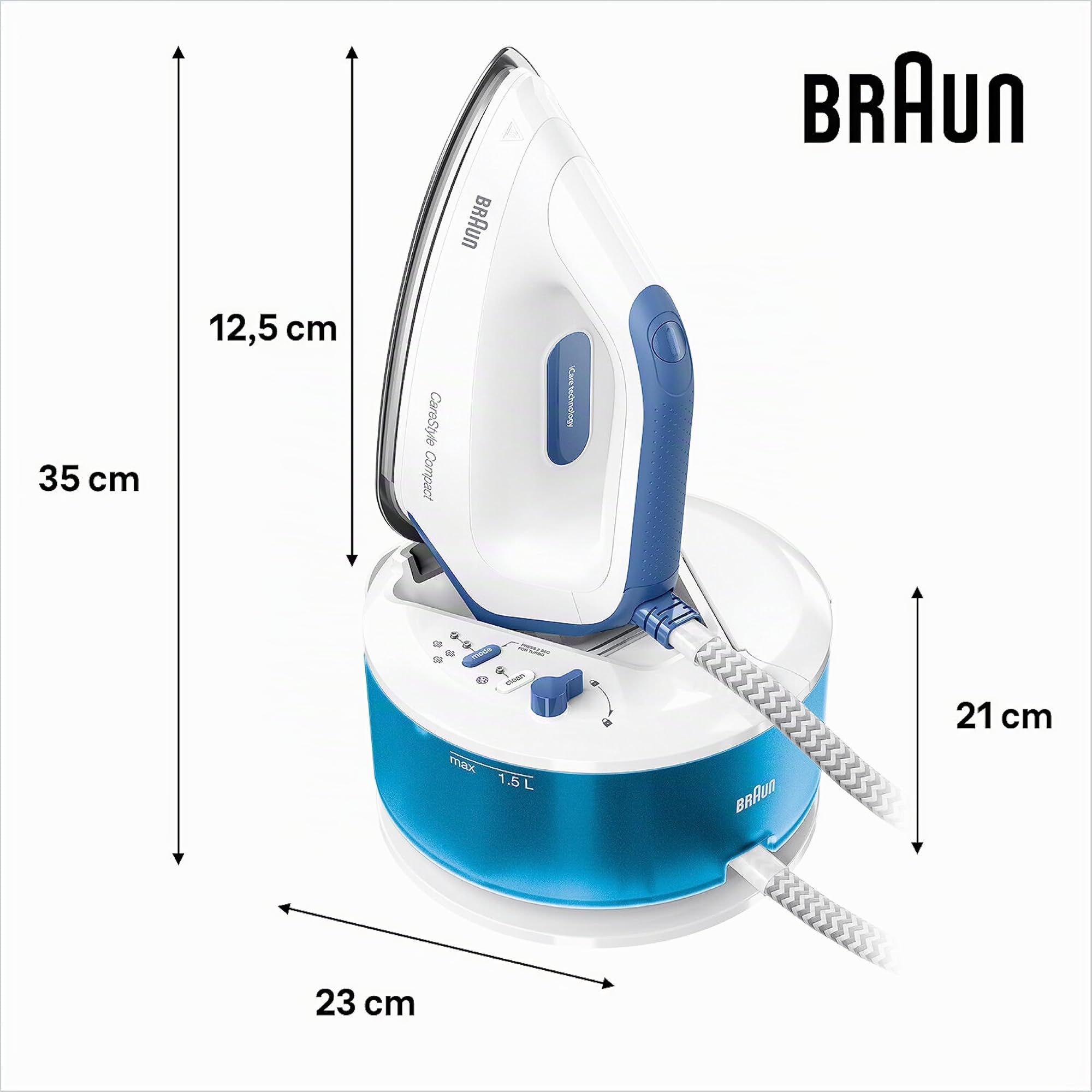 Braun CareStyle Compact Steam Generator, Plancha de Vapor con Suela FreeGlide 3D, Presión de 6 bar, Gran Depósito de Agua de 1,5 l, Función Eco, IS2143BL, Blanco Azul
