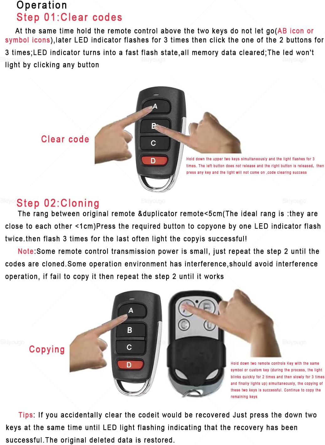 A hand holding the duplicator remote, pointing it towards a garage door, with a signal icon indicating transmission. The image also shows various applications like garage doors, electronic rolling gates, and retractable doors.