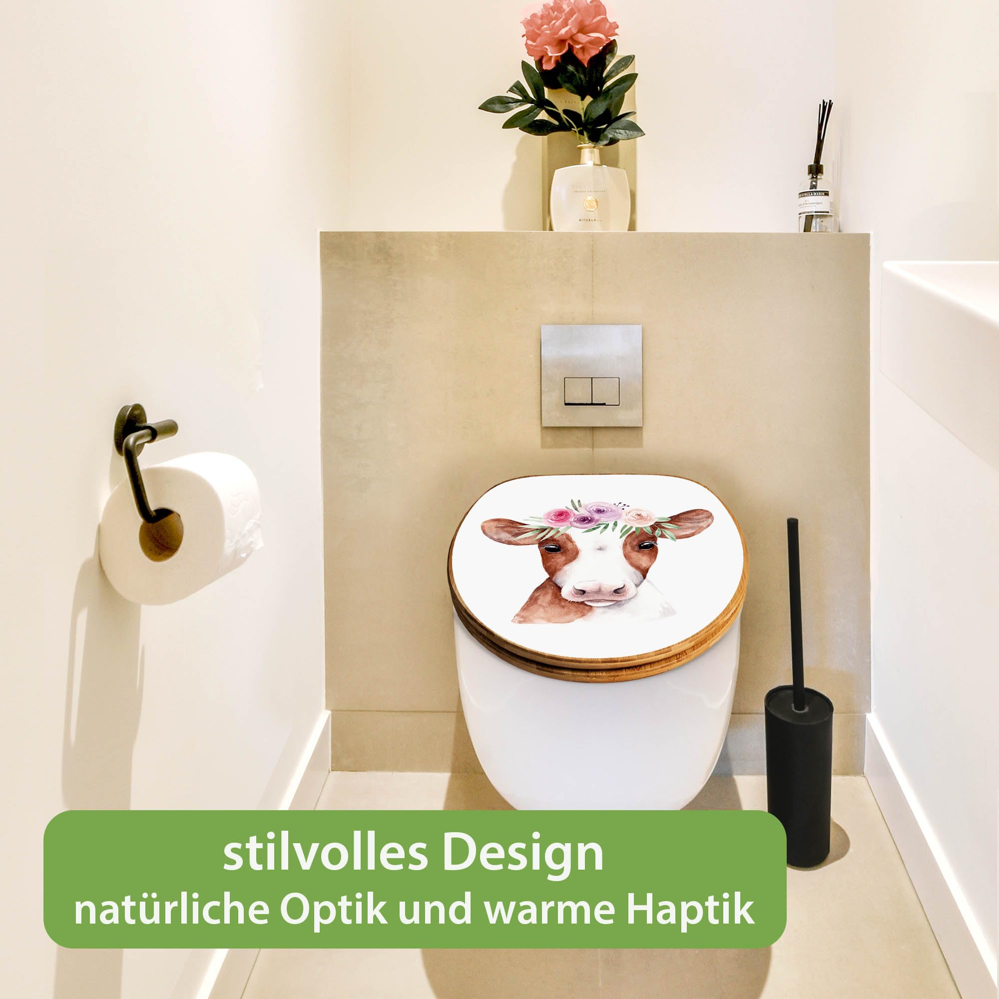 banjado Design WC Sitz Bambus Absenkautomatik 45,8x37,5cm - Toilettendeckel mit Absenkautomatik Holz - hochwertiger Bambus Klodeckel - WC-Sitz für gängigen Toiletten - Motiv Kuh mit Blumenkrone