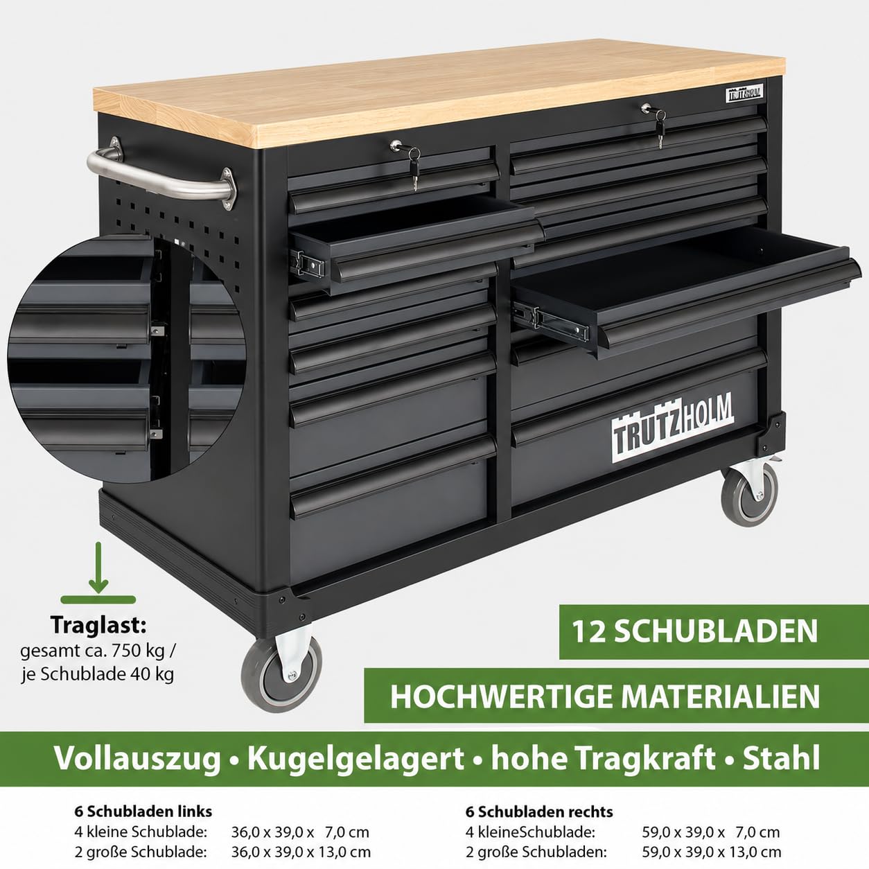 TRUTZHOLM Werkstattwagen DELUXE 12 Schubladen leer, Werkzeugwagen abschließbar mit 40 mm Hartholz-Arbeitsplatte, kugelgelagerte Schwerlastauszüge, Rollen mit Feststellbremse, Anthrazit/Grau