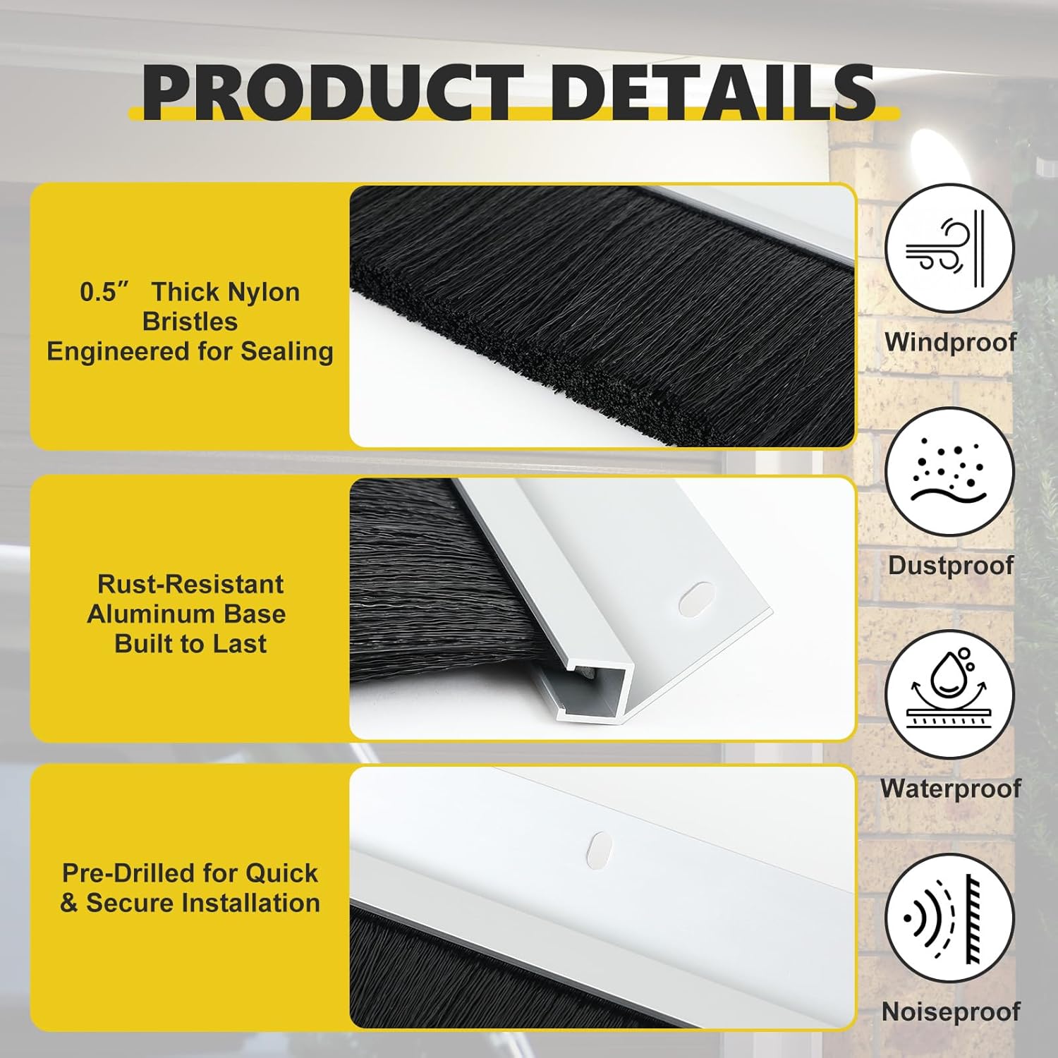 DoubleFill 12 x 12 ft Garage Door Brush Seal Kit, 3 Inch Roll up Door Seal with Aluminum Track, Heavy Duty Nylon Brush for Commercial Doors, Warehouse Barn, Energy Saving, Pest Proof, Black