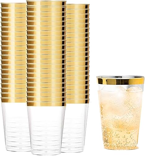 Tebery Paquete de 100 vasos de plástico con borde dorado de 12 onzas, vasos de plástico transparente desechables, vasos de boda elegantes para