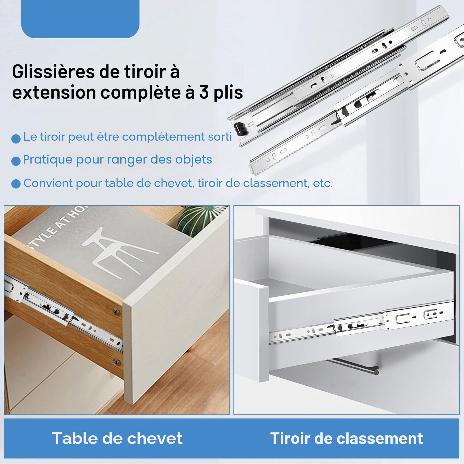 Sulawskys 4 paires glissières de tiroir 55 cm (8 pièces),glissiere pour tiroir, montage latéral,extension complète,coulisse tiroir avec roulements à billes, capacité de 45 kg, argent
