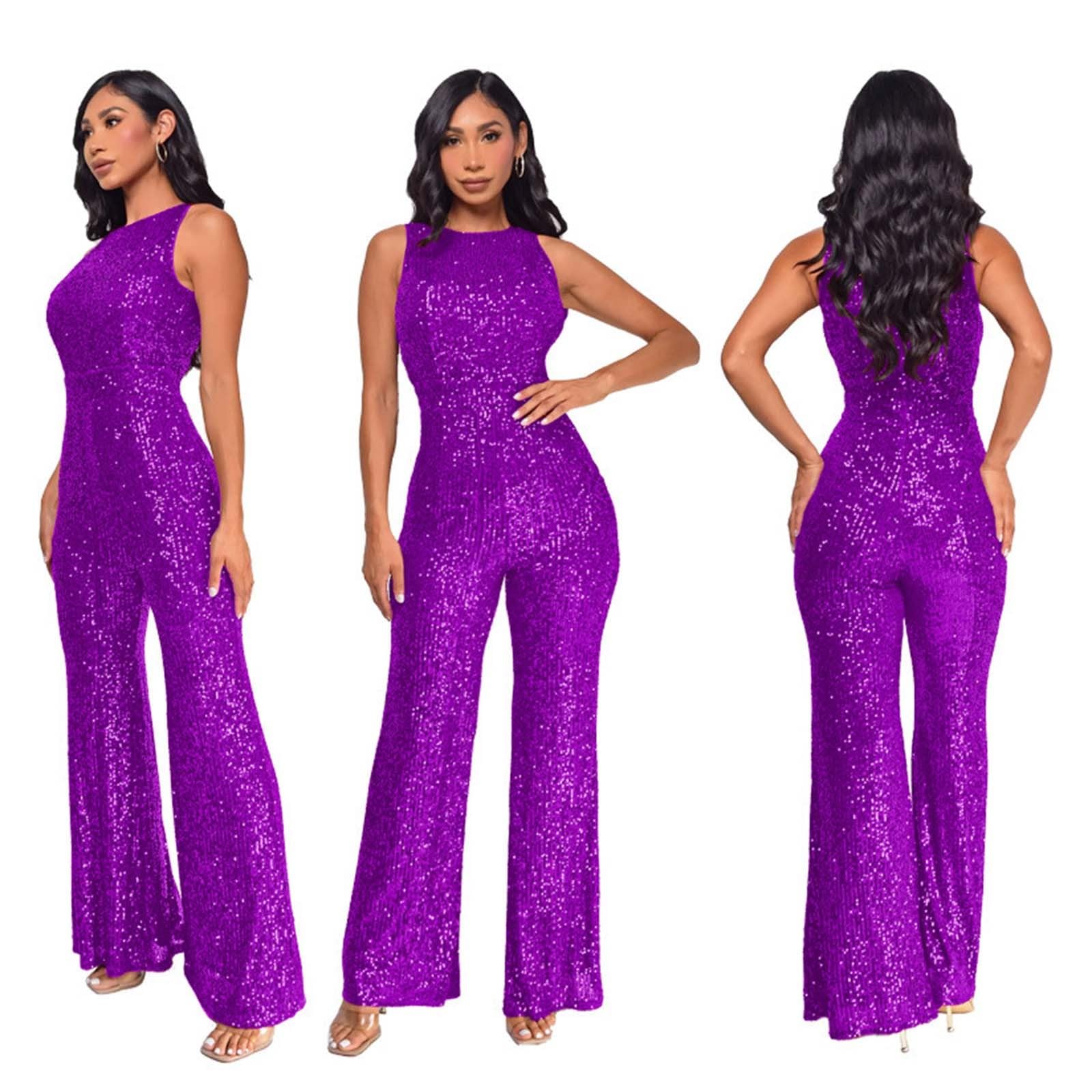 Combinaisons Femme à Paillettes- Combinaison Mariage Femme Coupe AjustéE Col Rond sans Manches Taille Haute Jumpsuit Couleur Unie Pas Cher pour SoiréE Bal De Fin D'AnnéE Une PièCe Sequins Bodysuit