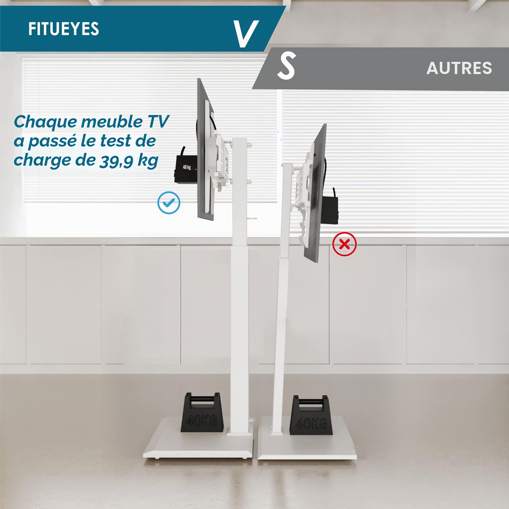 FITUEYES Support TV sur Pied, avec Base en Fer, 32-65 Pouces, Pivotant 60° | pour Salon, Chambre et Bureau, 14 Réglages en Hauteur, Hauteur Réglable, Charge Maximale 40 kg, VESA 400 x 400 mm