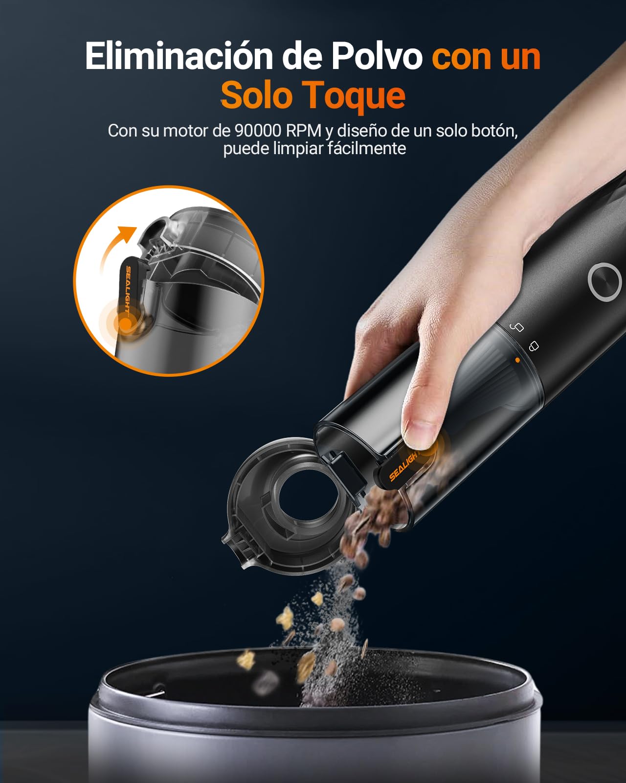 SEALIGHT Aspirador de Mano, 29000Pa Mini Aspirador Recargable con 40 Minutos Duración Batería, 4 en 1 Aspiradoras de Mano con Motor sin Escobillas, 2 Niveles Aspirador sin Cable para Coche
