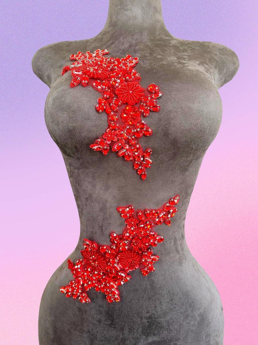 1 Pair/Set Rhinestones Lace Applique Accessories Handsewing Beads Sequins Stones Trim Patches for DIY Girl Wedding Dress Decorations (Red)