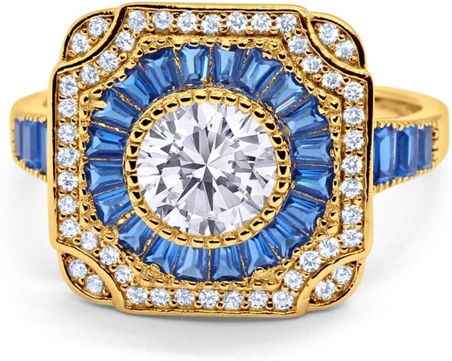 Blue Apple Co. Art Deco Wedding Engagement Antique Style Ring Baguette Round Cubic Zirconia 925 Sterling Silver