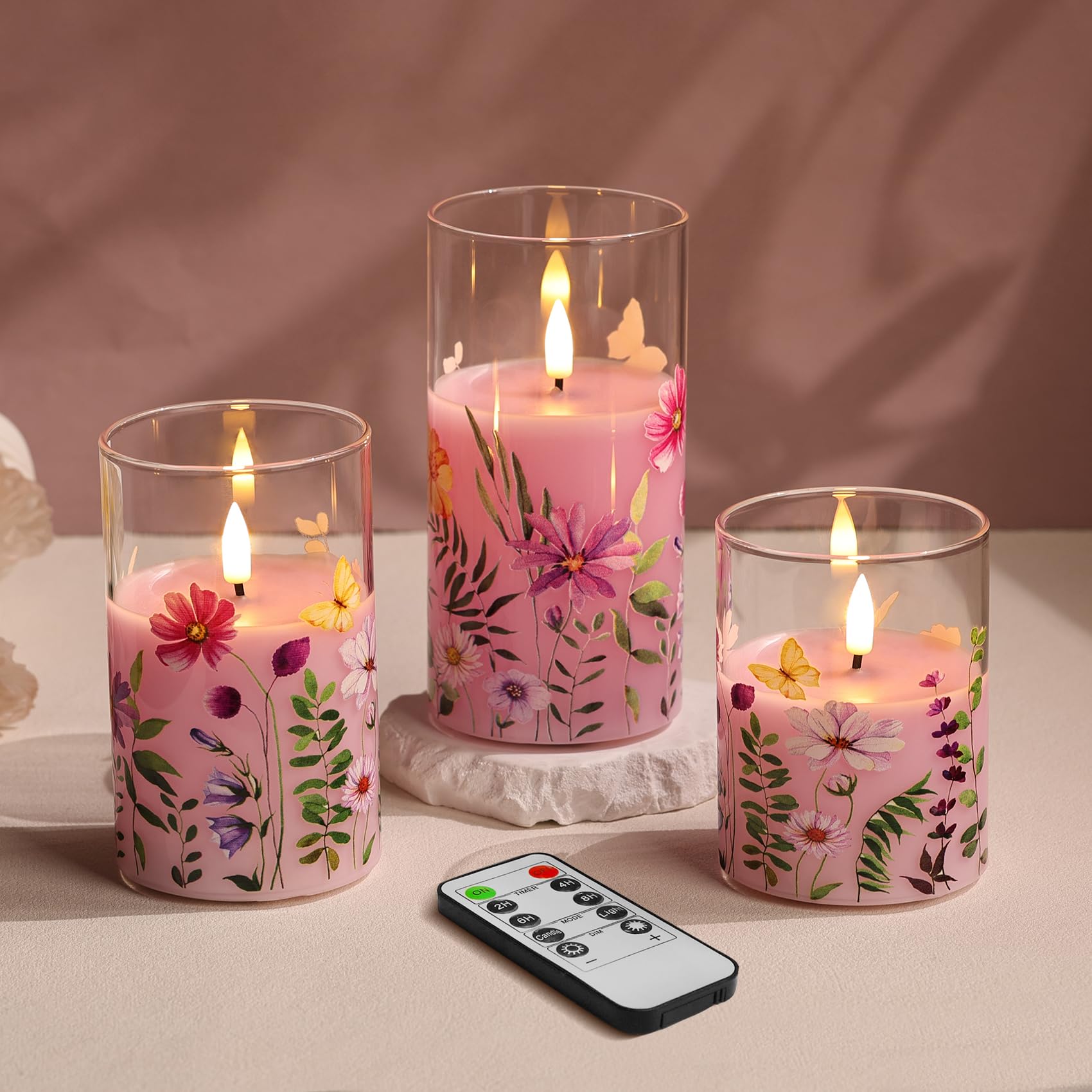 Eywamage Pink Floral Glass Flameless Candles with Remote, Flickering Battery Operated LED Pillar Candles Set of 3