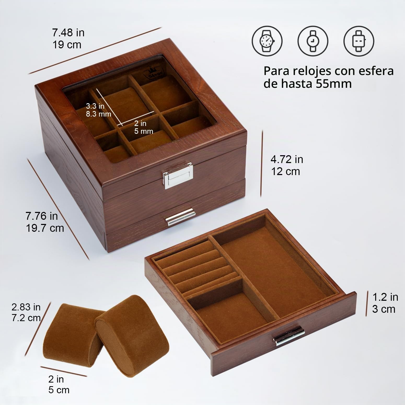 Slege Caja para Relojes Hecha a Mano de Madera, 6 Compartimentos y 2 Niveles con Cajón, Tapa de Madera con Ventana de Vidrio, Organizador Grande, Regalo Elegante para Hombre y Mujer