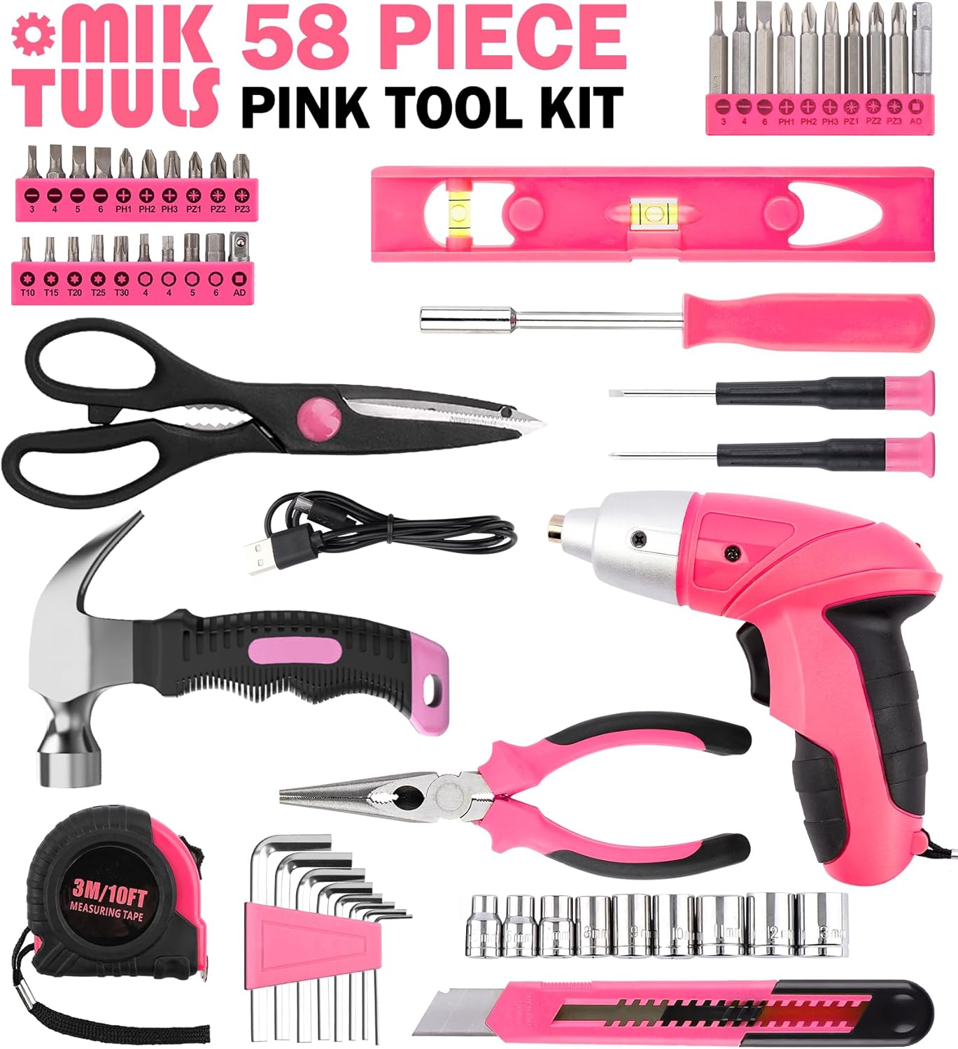 Electric Screwdriver 58pc Tool Set, Cordless & Rechargeable 3.6V Small Power Screwdriver Home Tool Kit Set with Compact Hand Box, Pink