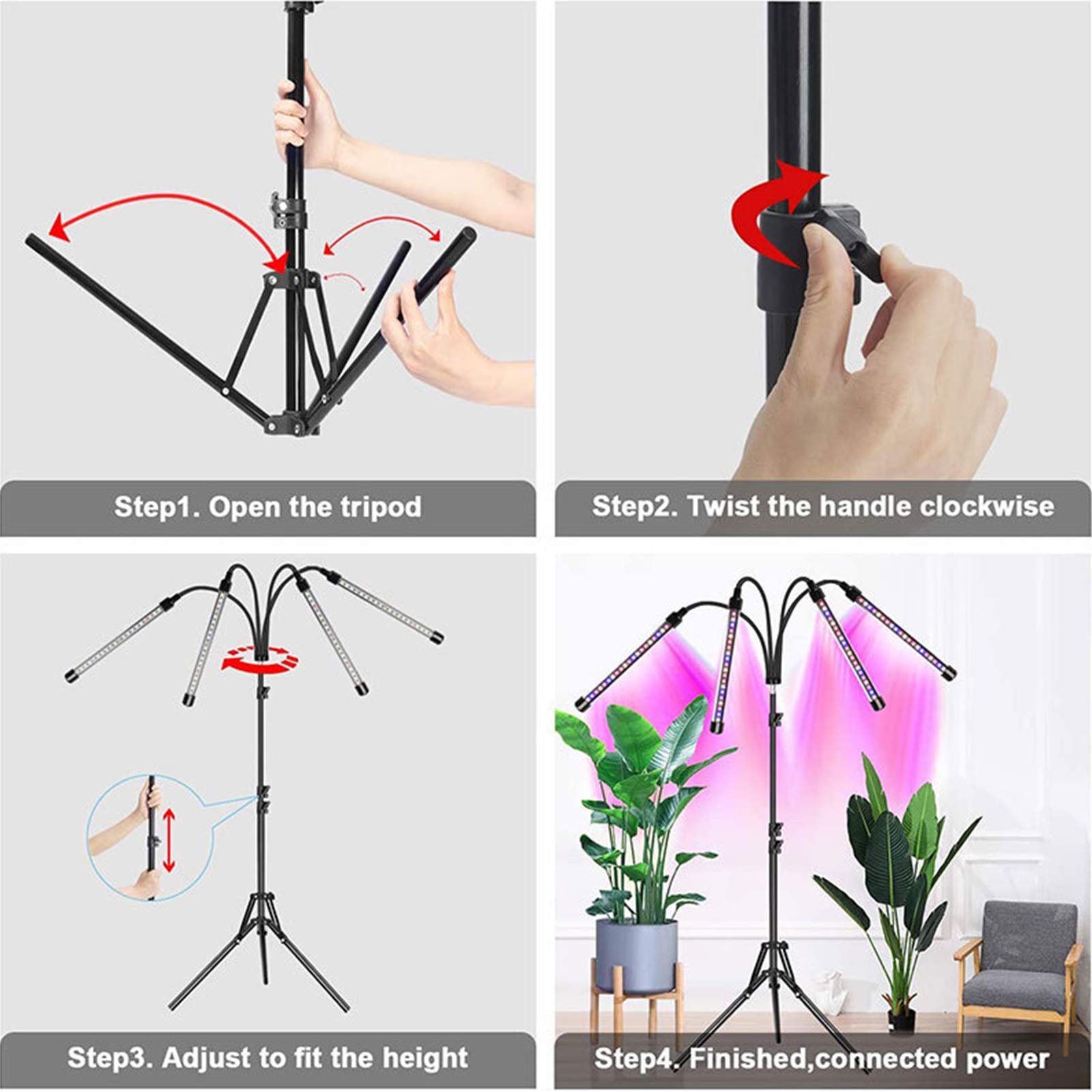 Lampada per Piante, 4 Luci A LED da Terra con Treppiede Regolabile per Piante da Coltivazione Interno, 80LED con Timer Automatico 4H/8H/12H,Spettro Completo, 3 modalità 9 Livelli di Luminosità