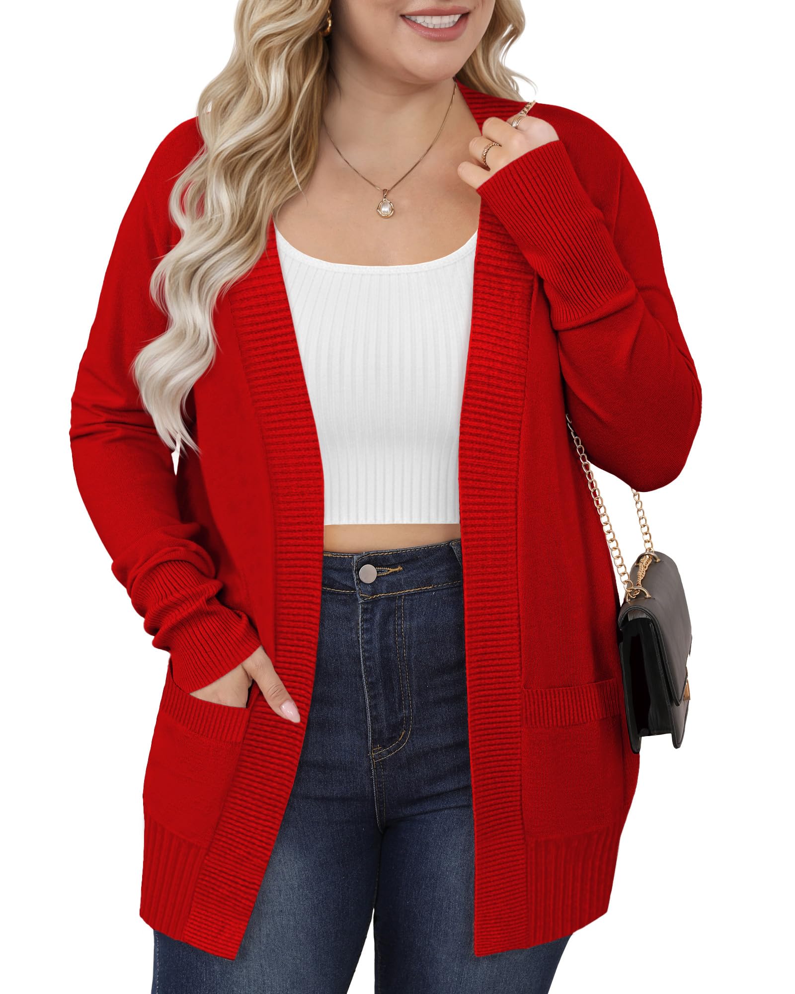 Womens Plus Size Cardigan Open Front Casual Long Sleeve Knit Sweaters with Pockets 2025 Lightweight Knit Cardigan