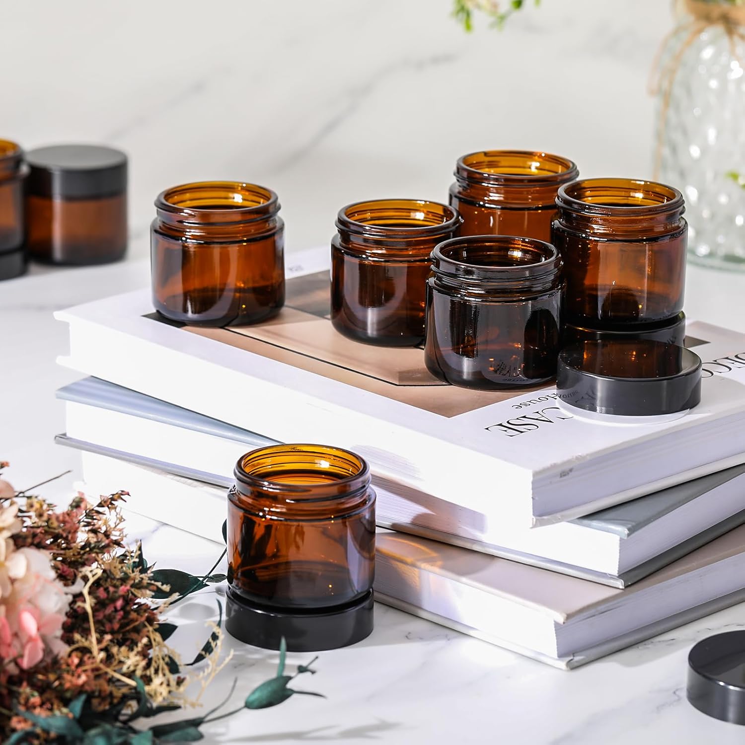 Layhit 90 Pcs 2 oz Glass Jars with Lids Bulk, Small Jars Containers Travel Storage Jar with Inner Liners Labels for Lotions, Cream, Lip Balm (Amber,Black Lid)