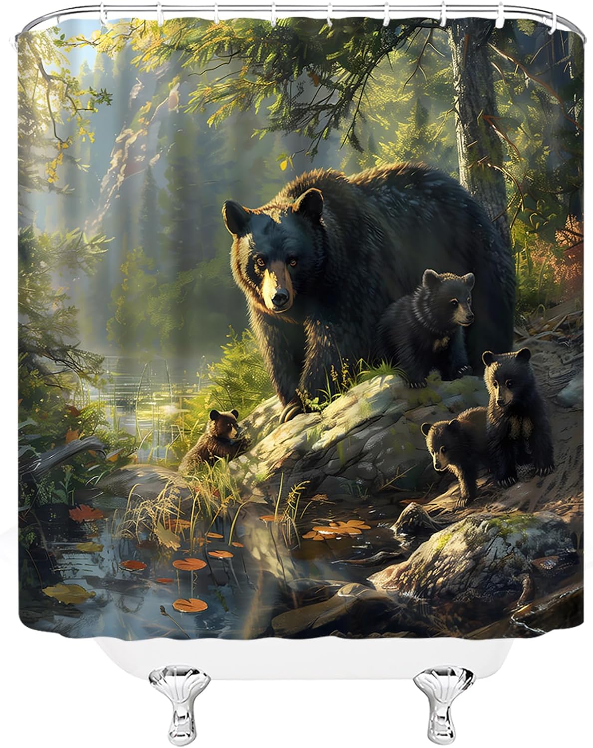 GCTNBJL Bear Shower Curtain Nature Forest Cabin Wild Animal Bear Lake Watercolor Rustic Lodge Hunting Camping 180x70(WxH) Inches Bathroom Decor Fabric Curtain with Hooks