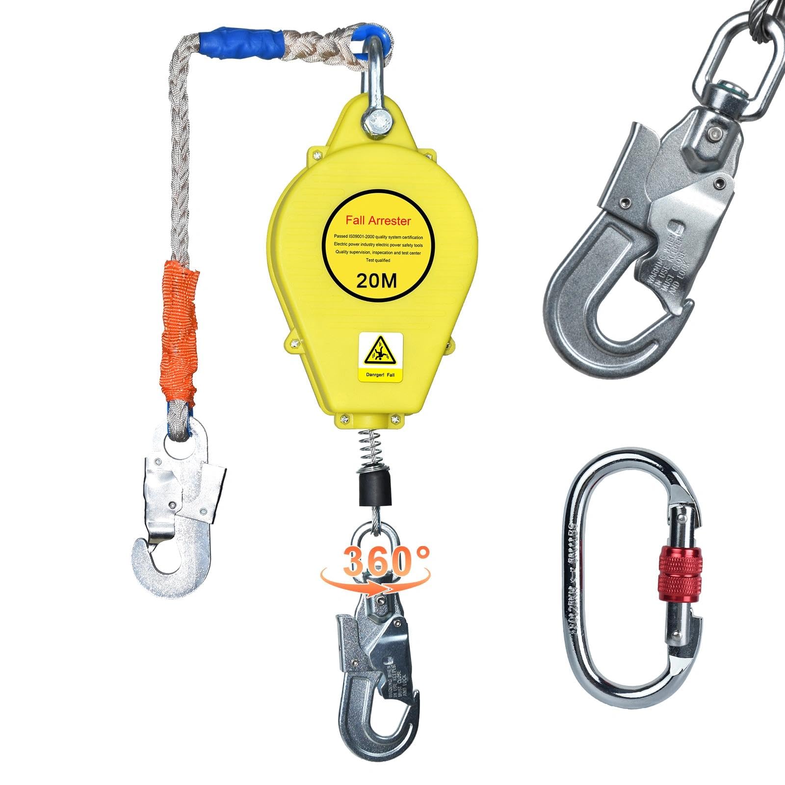 Dispositivo Anticaduta Retrattile Certificato CE, Dispositivo di Sicurezza Anticaduta con Gancio Girevole a 360°, Anticaduta a Richiamo Automatico per Lavori ad Alta Quota, 150kg(Giallo,20m)