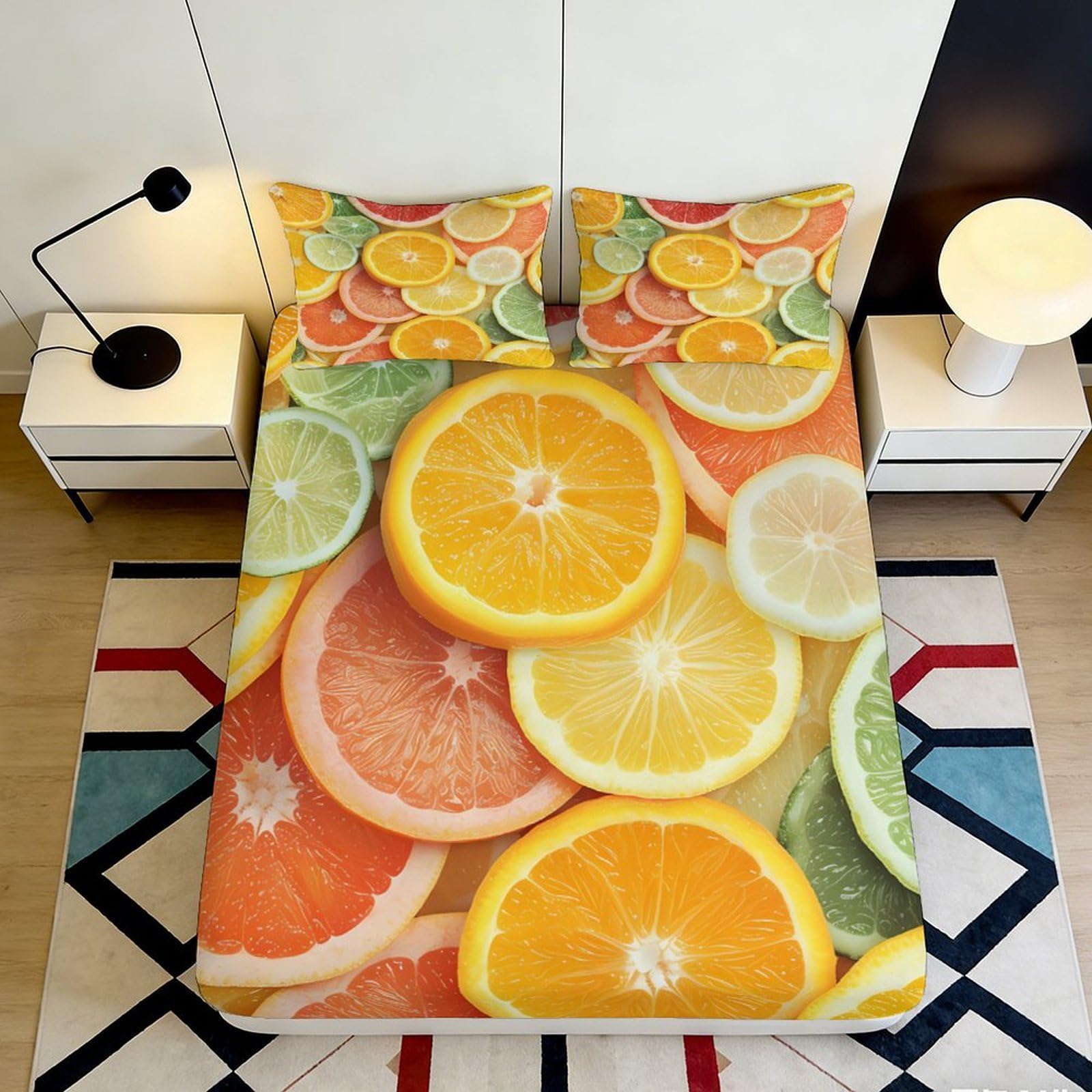 3D Printed Citrus Fruit Fitted Sheet Microfiber Soft Breathable Lemon Orange Mattress Cover for Bedroom Dorm Decor 90x200x25cm
