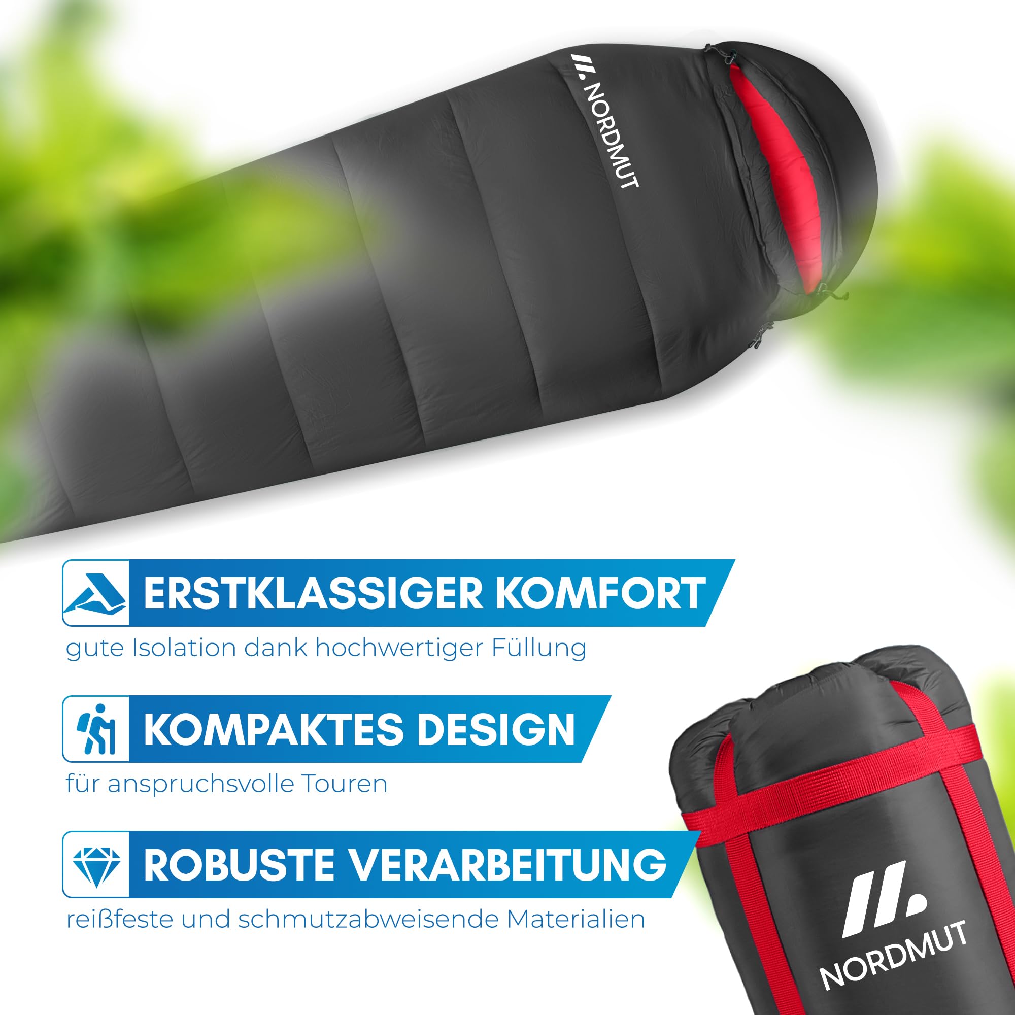 NORDMUT® Schlafsack Erwachsene – kleines Packmaß & Ultraleicht (900/1500g) – 3-Jahreszeiten (250 GSM) & Sommerschlafsack (100 GSM) – Mumienschlafsack für Camping, Outdoor & Festivals