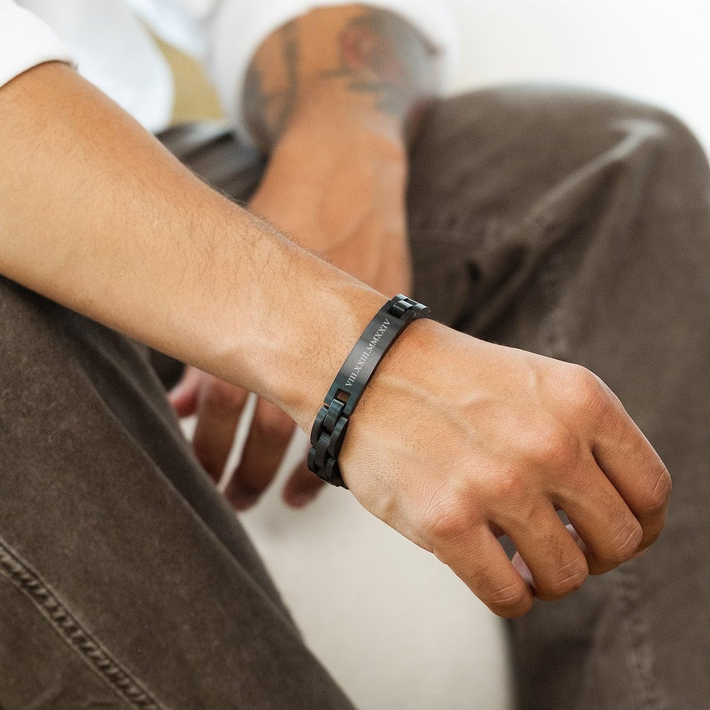 EVE'S ADDICTION Men's Custom Engraved Roman Numeral Black Bracelet in Stainless Steel - Men's Engravable Bracelet - Father's Day Gift - Gift for Dad - Gifts for Dad