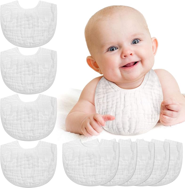 10 Pcs White Muslin Baby Bibs Bulk for Newborn, Soft Cotton | Adjustable Bandana Drool Bibs, Boys, Girls, Drooling and Teething, Machine Washable