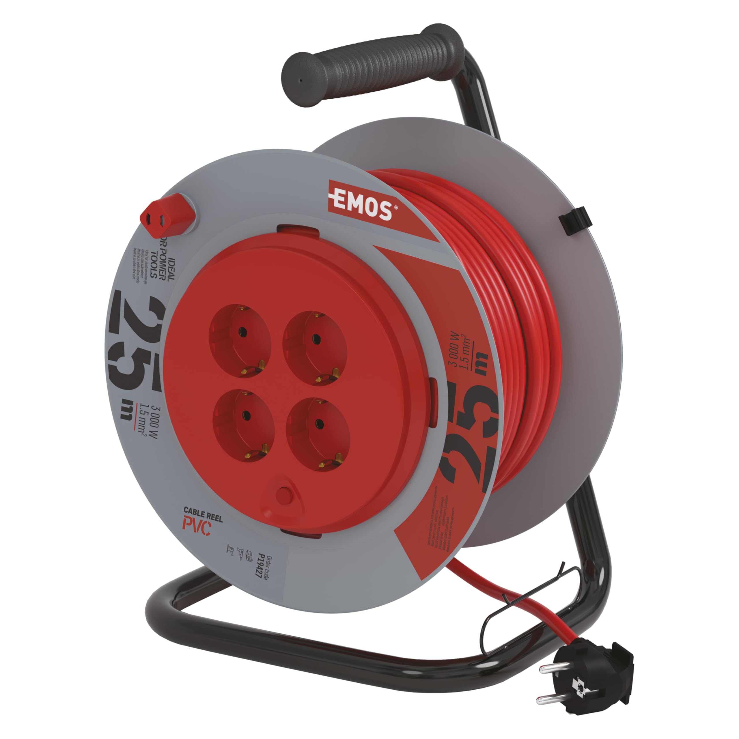 EMOS - Bęben kablowy 25 m ze stałym środkiem - 4 gniazda Schuko - 230 V, 13 A, 3000 W - wysokiej jakości izolacja PCW - H05VV-F3G 1,5 mm2 - zabezpieczenie przed przegrzaniem, hamulec szpułowy - IP20