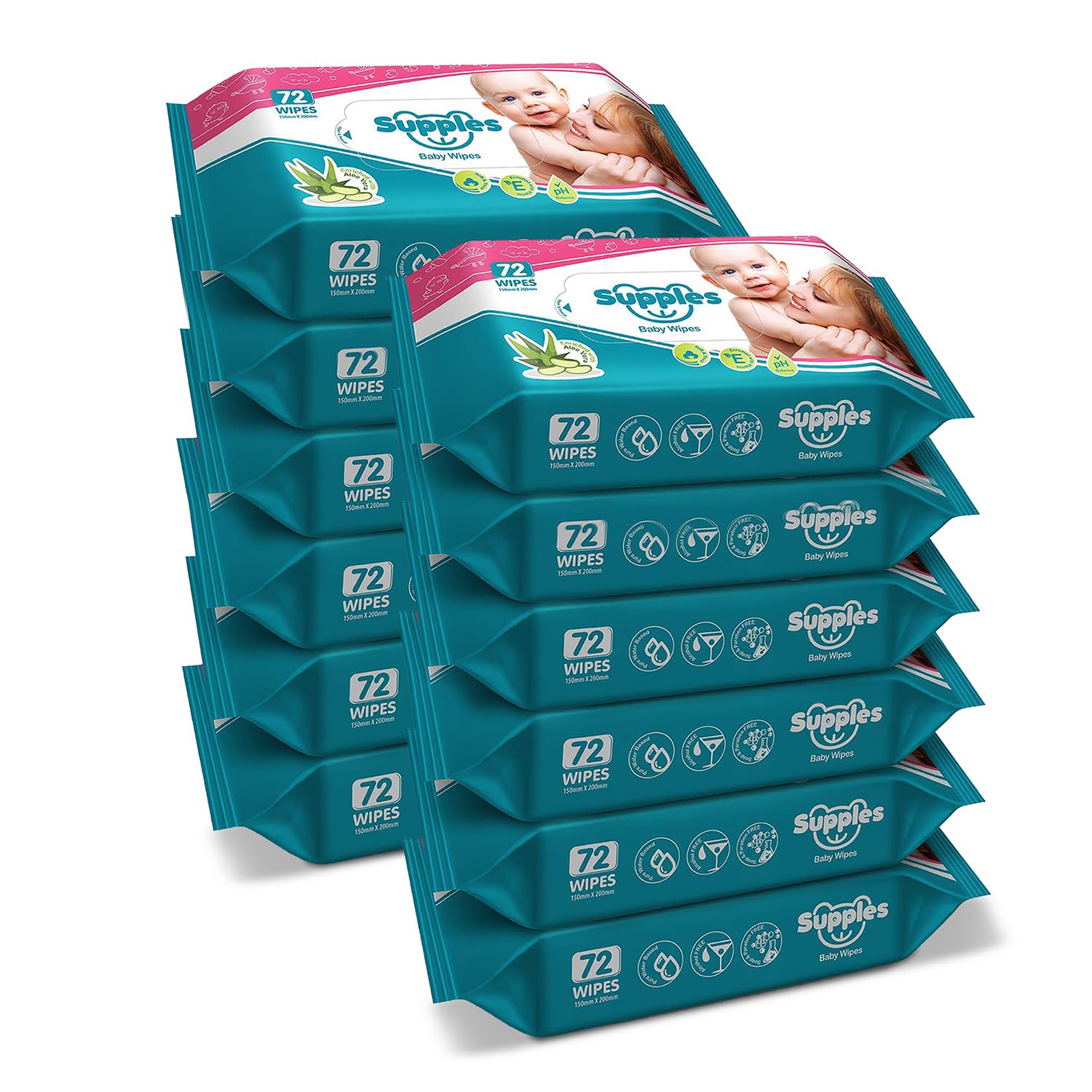 Amazon Brand - Supples Baby Wipes | 864 Wipes | 72 Wipes x 12 Packs | Enriched With Aloe Vera and Vitamin E | Alcohol-Free and Paraben-Free | Pure Water-Based formulation