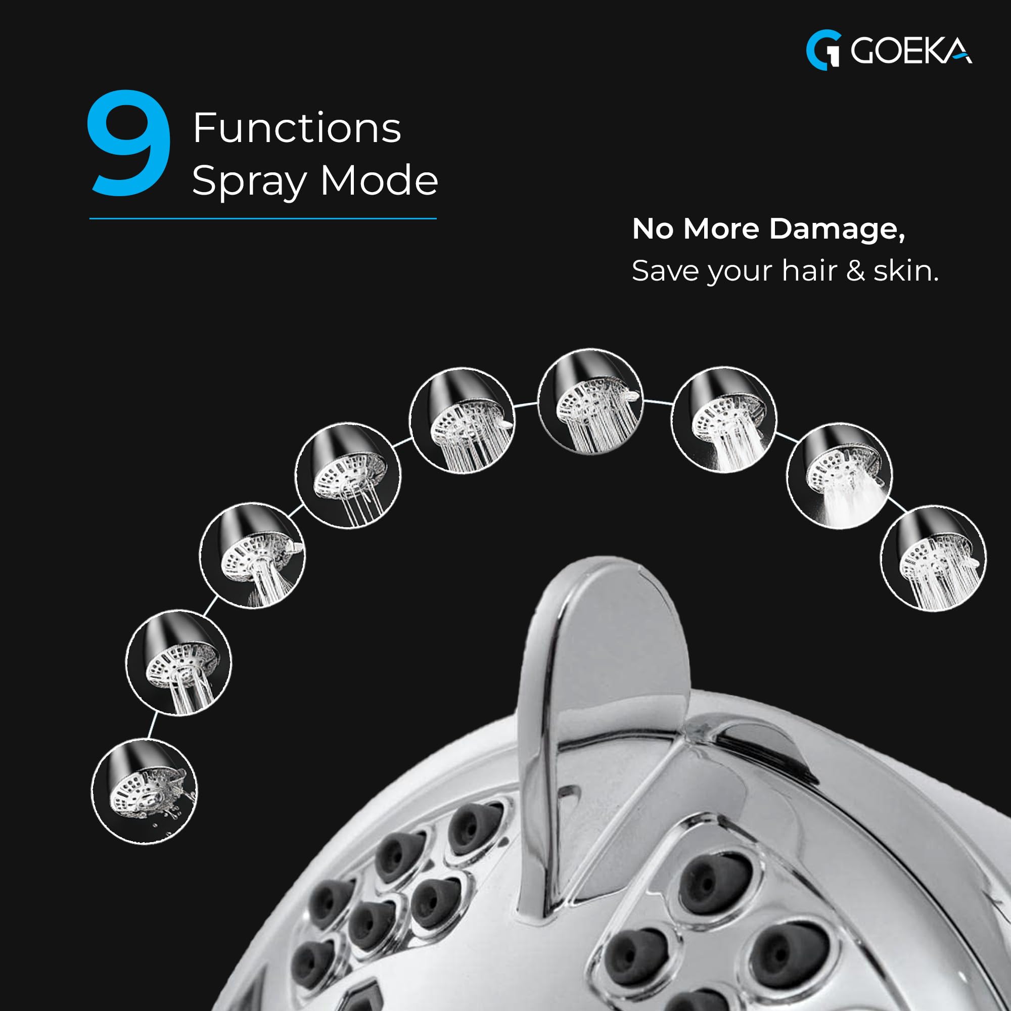 GOEKA® Filter Shower Head With 9-Spray Modes | Shower Head With Filters & Inbuilt Water Purifier Cartridge | Works Best With Hard Water Softener | Wall-Mount, Polished Chrome Finish, ABS Body 2