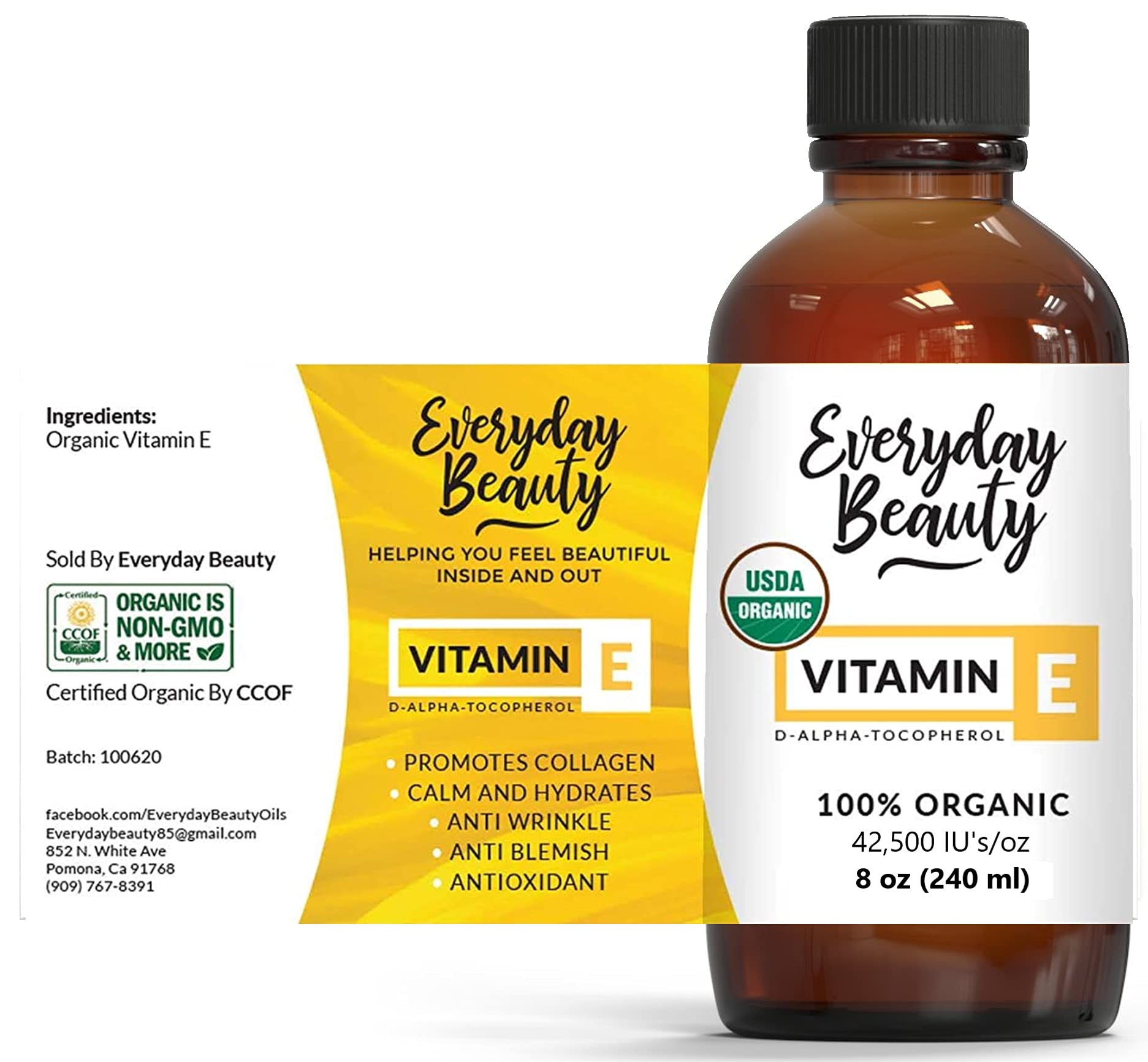Organic Vitamin E Oil - D-Alpha Tocopherol USDA Certified 100% Pure and Natural 8 Fl Oz 42,500 IU/oz