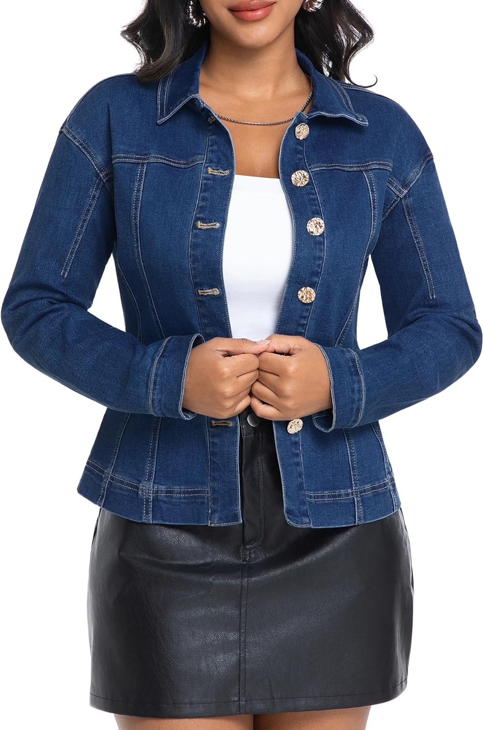 Kedera Denim Jacket for Women Cinched Waist Button Up Long Sleeve Trendy Stretchy Jean Jacket Coat