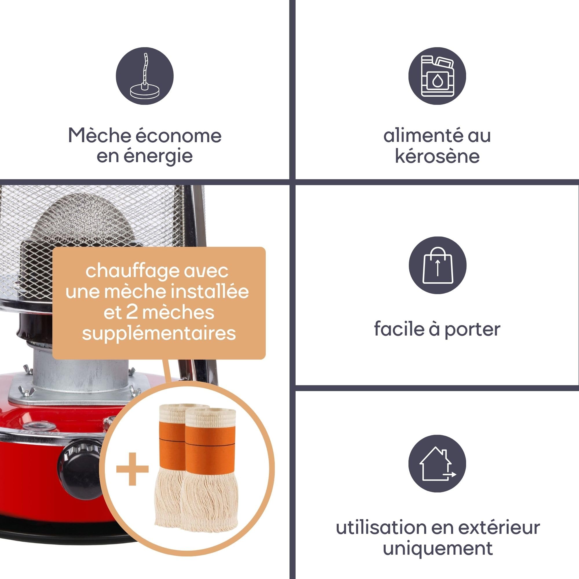 Chauffage à pétrole portable 2600W avec mèche + 2 rechanges, poêle extérieur camping tente 4,6L 18h