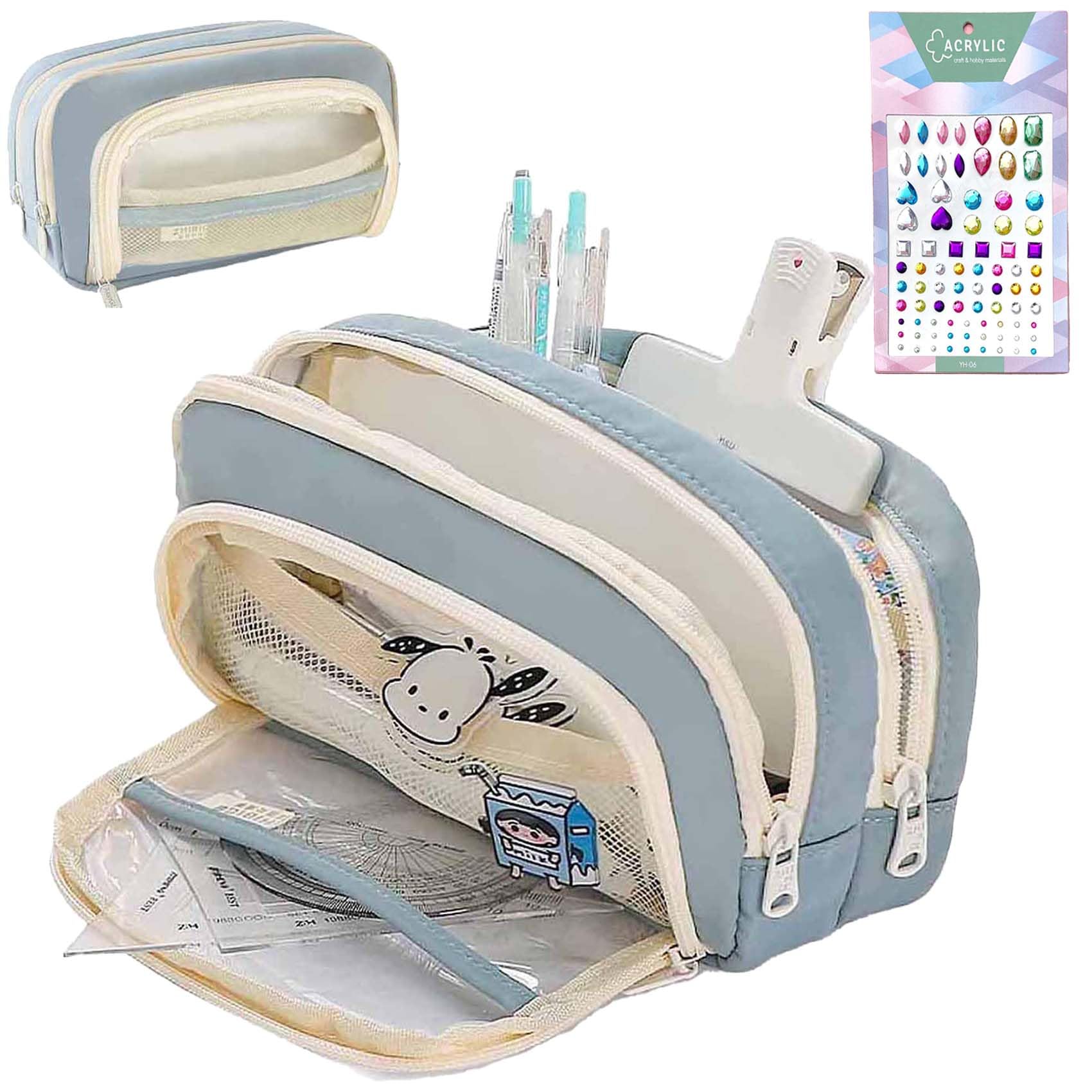 Big Capacity Pencil Case, 3 Compartments Simple Storage Aesthetic Pencil Case, Large Capacity Pencil Pouch Handheld Pen Bag Cosmetic Portable Gift (Blue)