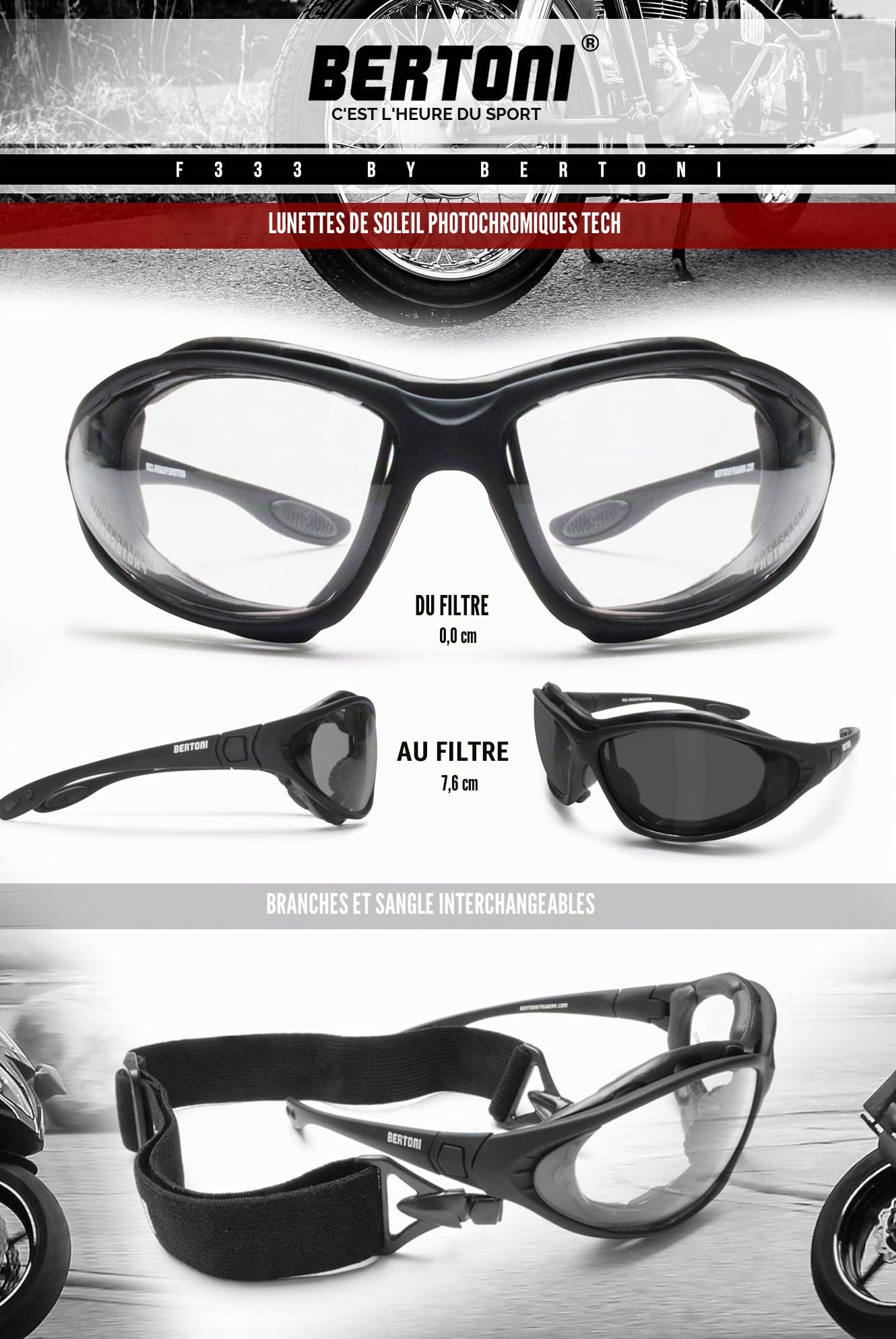 Bertoni Lunettes de Moto Photochromiques Polarisées - Branches Déclipsables pour une Bande élastique - mod. 333 Lunettes Coupe-Vent pour Casques Moto
