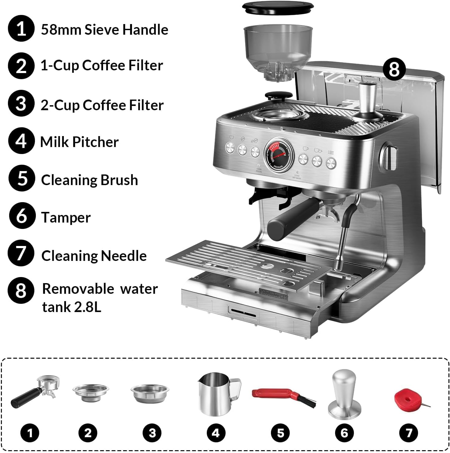 GarveeLife Espresso Coffee Machine, Built-in Coffee Grinder, 15 Precise Grind, 20 Bar Professional Coffee Maker with Steam Wand for Home Cappuccino or Latte, 2.8L Water Tank for Easy Refill