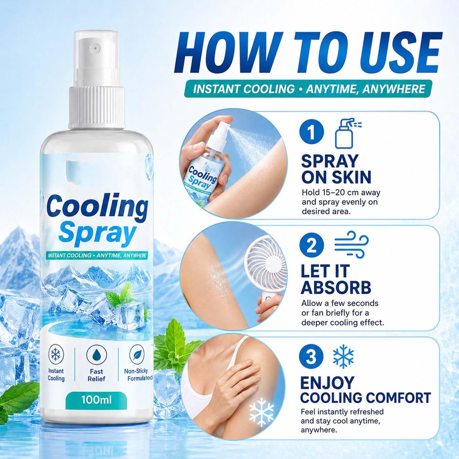 Nebulizzazione rinfrescante istantanea, spray rinfrescante per il corpo, non appiccicoso, leggero, spray rinfrescante sportivo a lunga durata, spray idratante dopo il sole, fresco (5 pezzi)