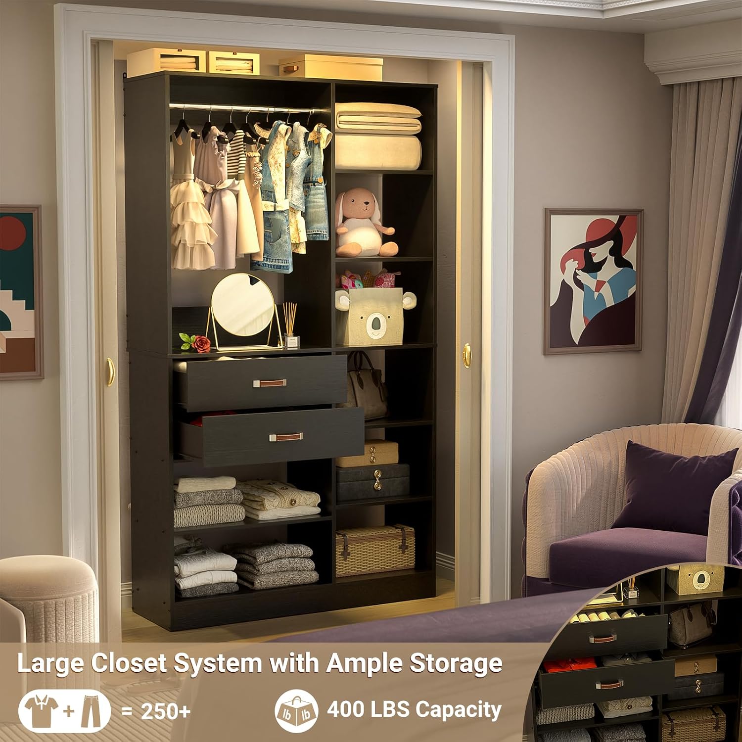 The Armocity Freestanding Closet System filled with various clothes, shoes, and storage boxes, demonstrating its large storage capacity of over 250 items and 400 lbs.
