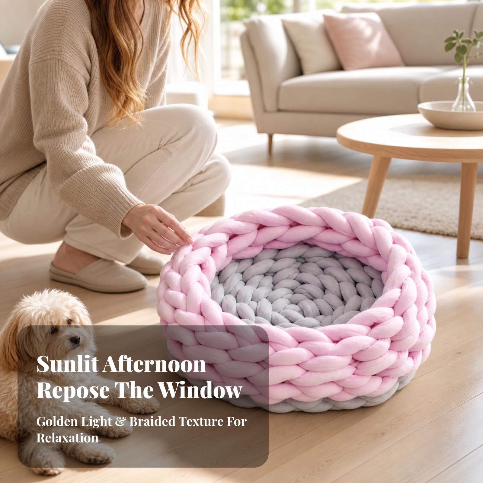 Handgeflochtenes Katzenkissenbett für Kleintiere mit Halboffener Nestform Und Weicher Auflage für Sicheres Schlafen Und für Wohnzimmer Und Haustierfreundliche Räume, Weißgrau, 40CM