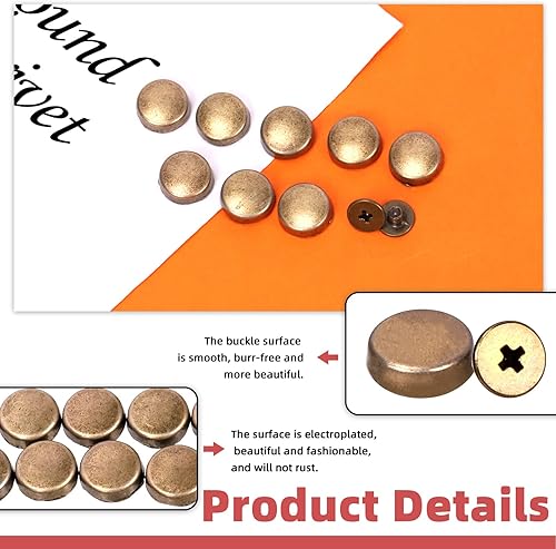 Miniatura 4 de Hilitchi 32 juegos de remaches de cabeza plana de bronce de 0.394 pulgadas, remaches de cabeza plana, remaches de cuero, remaches de cuero, bolsos,